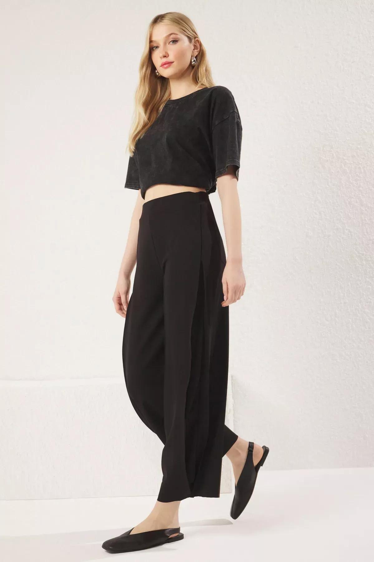 Black Pleated High-Waist Knit Trousers, BLACK, large image number 3