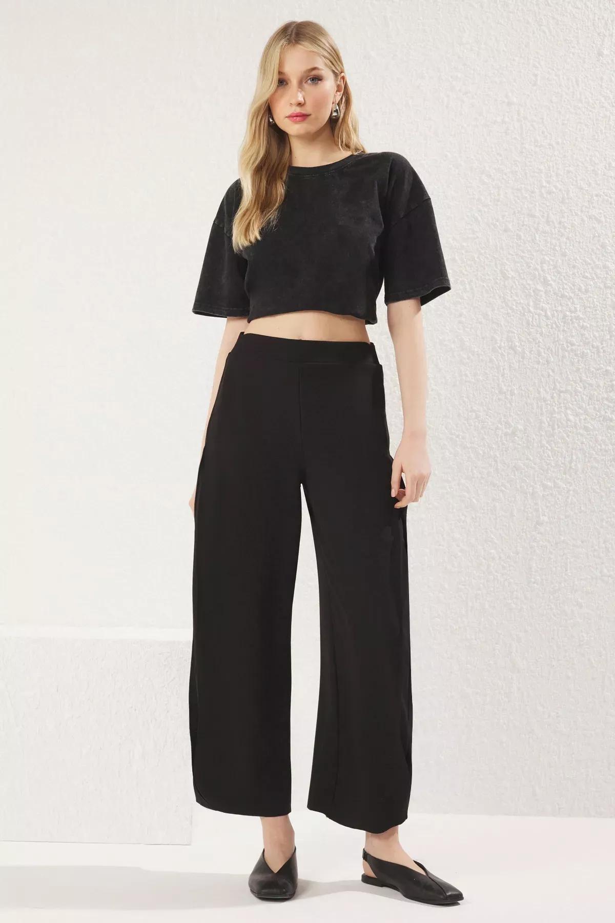 Black Pleated High-Waist Knit Trousers, BLACK, large image number 4