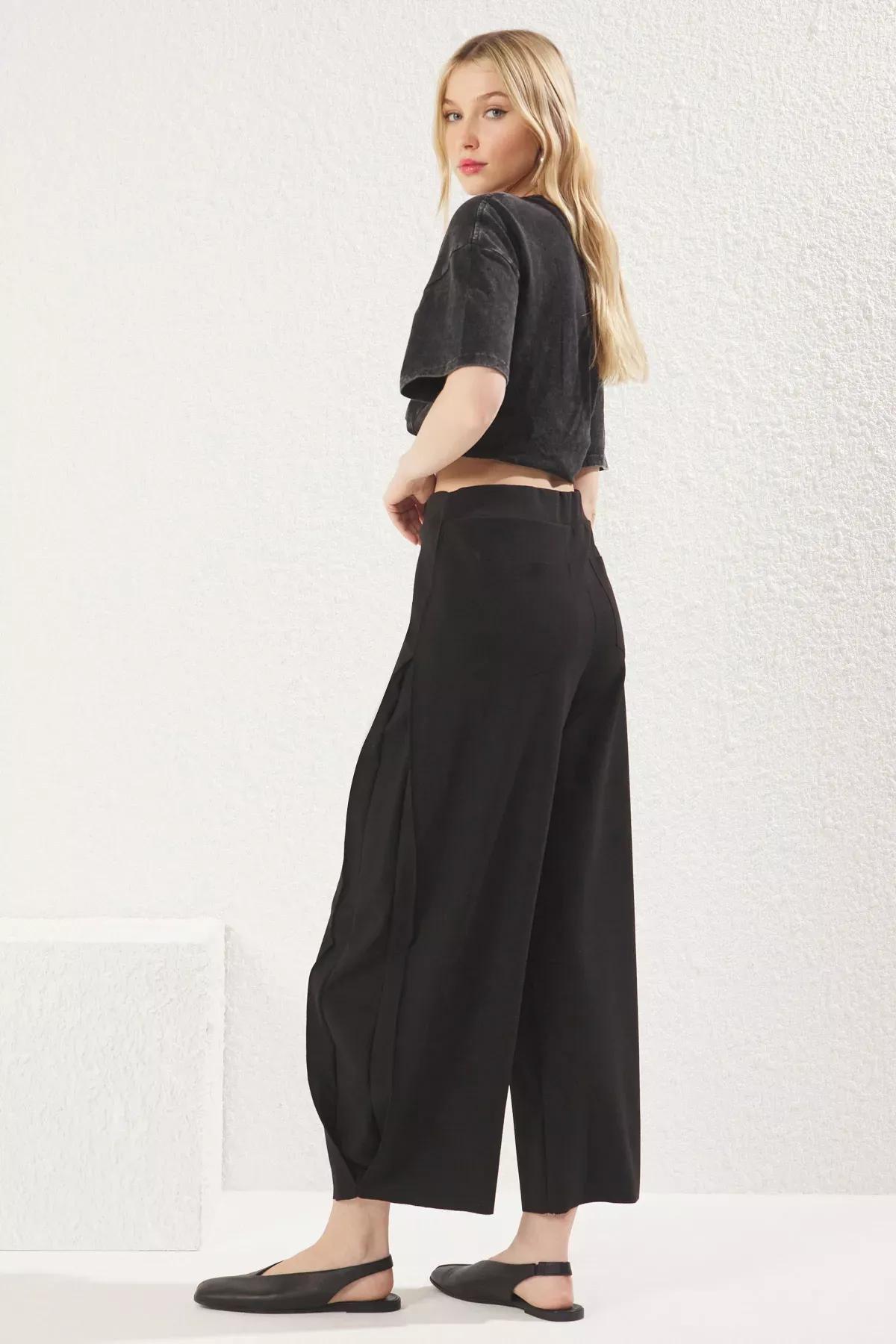 Black Pleated High-Waist Knit Trousers, BLACK, large image number 5