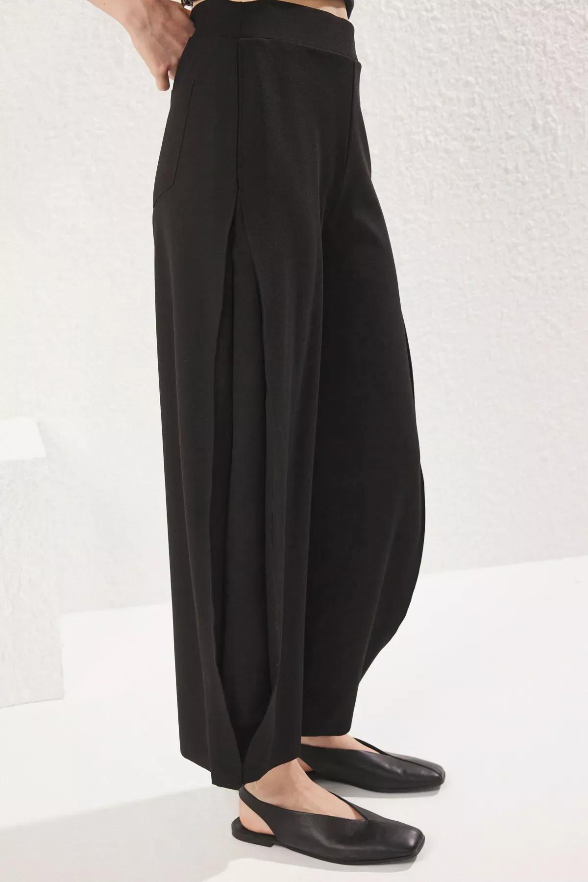Black Pleated High-Waist Knit Trousers, BLACK, large image number 6