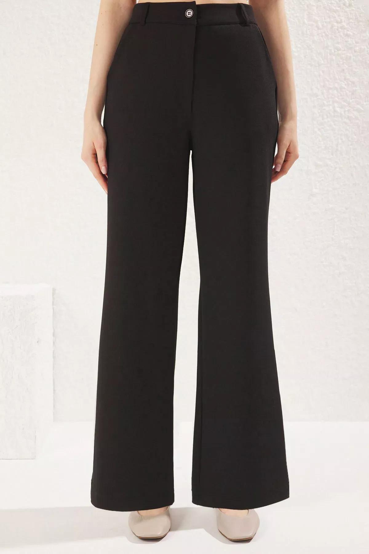 Black Buttoned Pocket Straight Trousers, , large image number 1