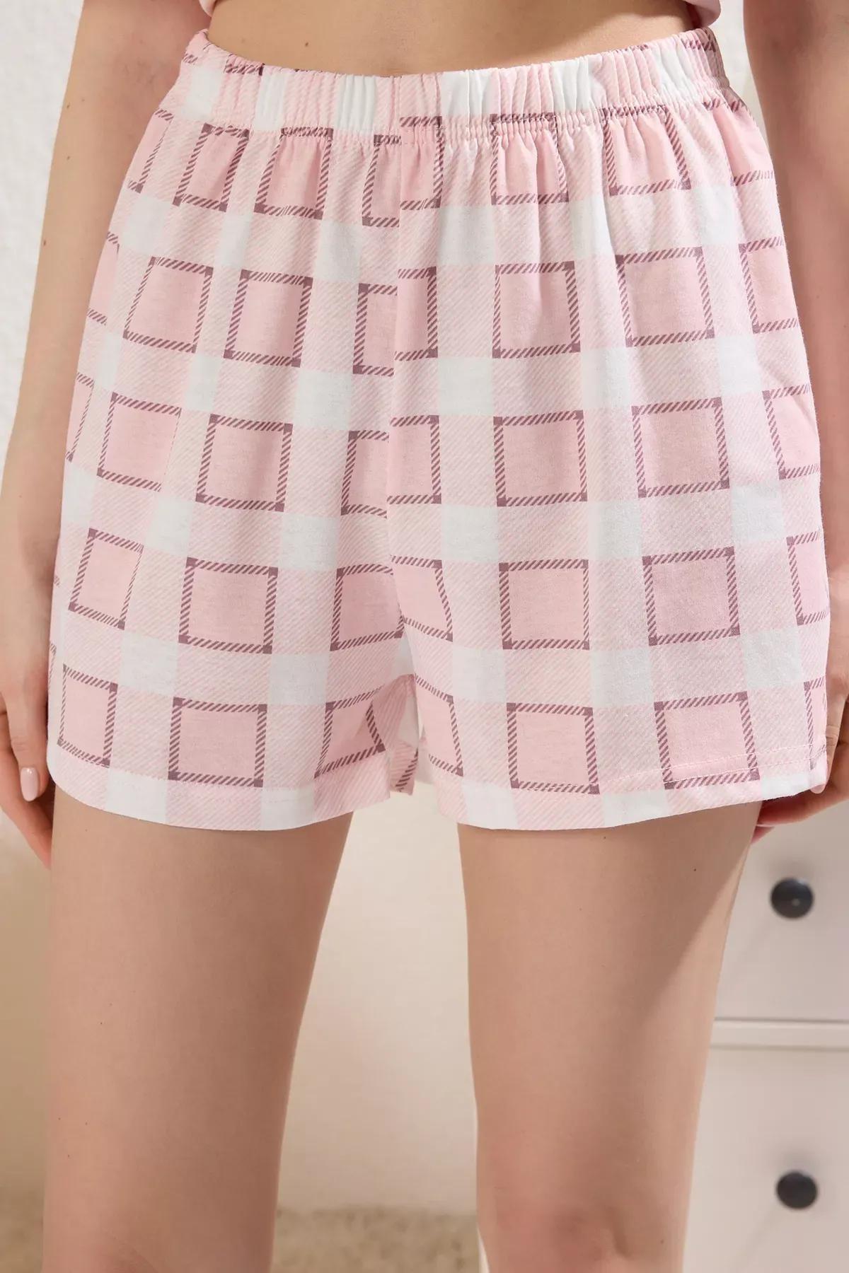 Pink Cat Printed Plaid Shorts Pajama Set, Pink, large image number 4