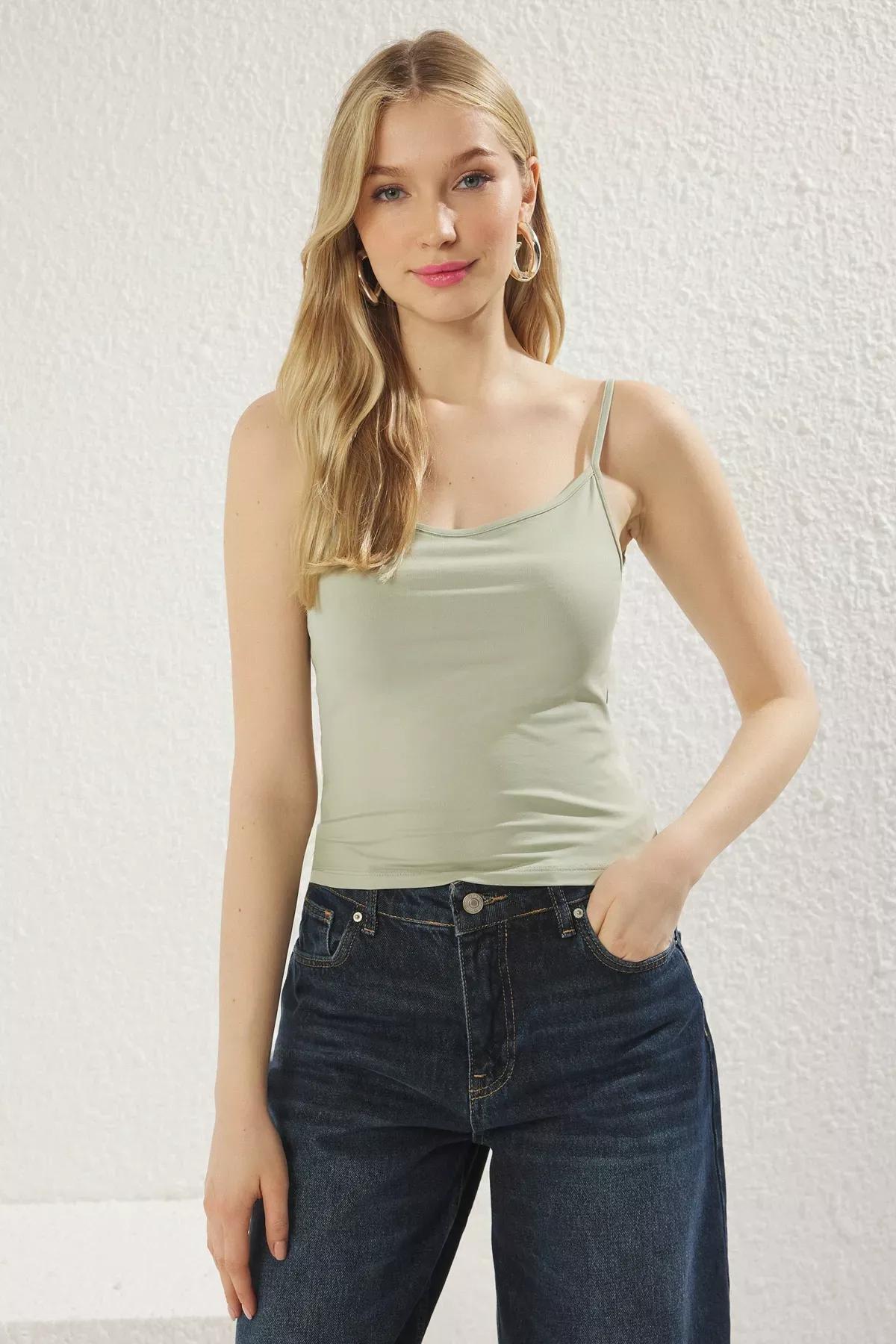 Green Polyamide Strappy Knitted Undershirt, Green, large image number 1