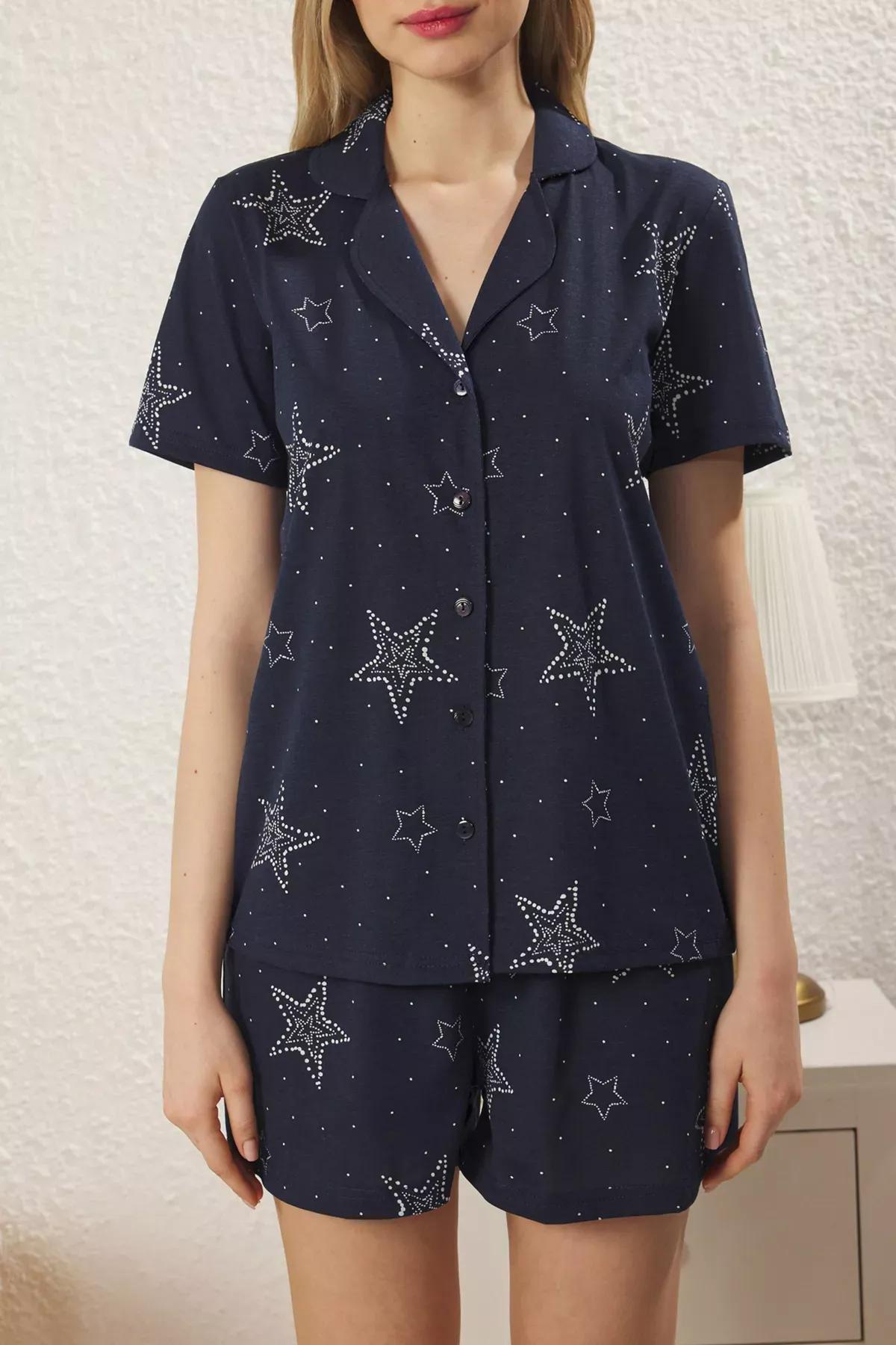 Navy Star Patterned Pajama Set with Shorts, set of 2, Navy blue, large image number 2
