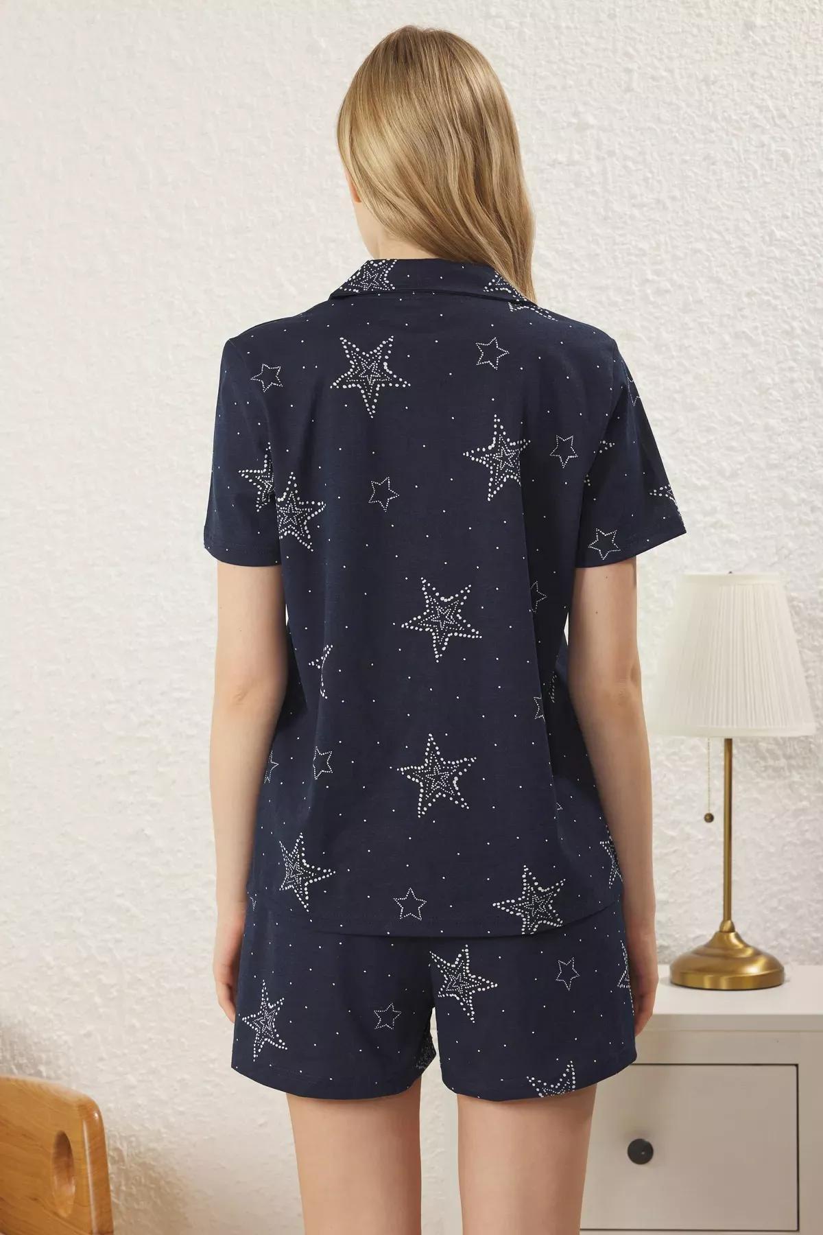 Navy Star Patterned Pajama Set with Shorts, set of 2, Navy blue, large image number 4