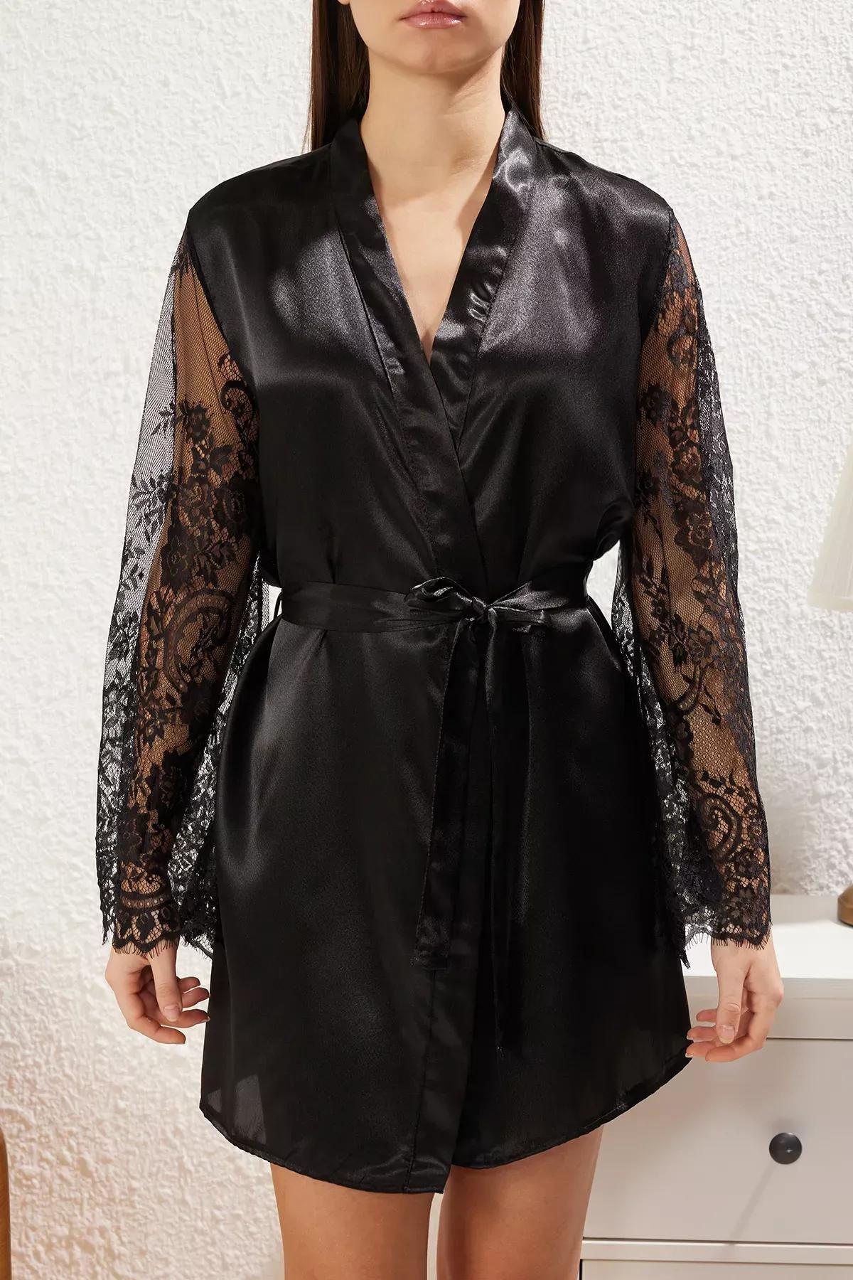 Black Lace Satin Dressing Gown, , large image number 3