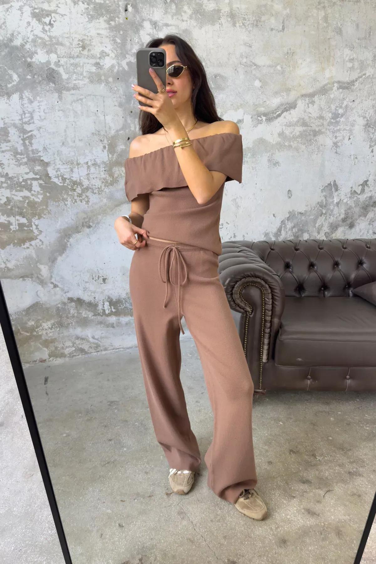 Brown Carmen Collar Knitted Co-Ord Set, Brown, large image number 1