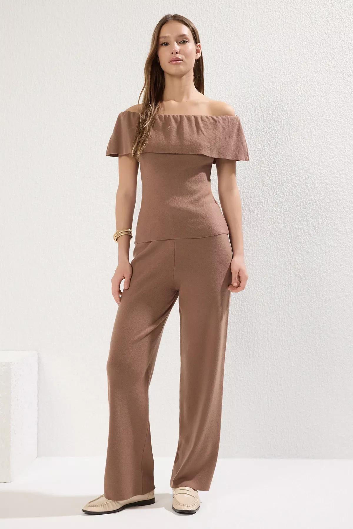 Brown Carmen Collar Knitted Co-Ord Set, Brown, large image number 2