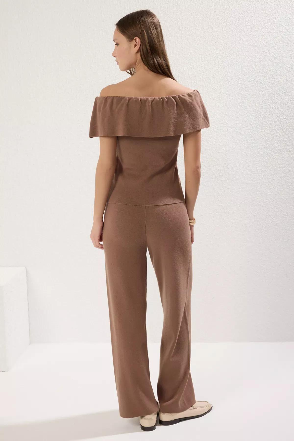 Brown Carmen Collar Knitted Co-Ord Set, Brown, large image number 4