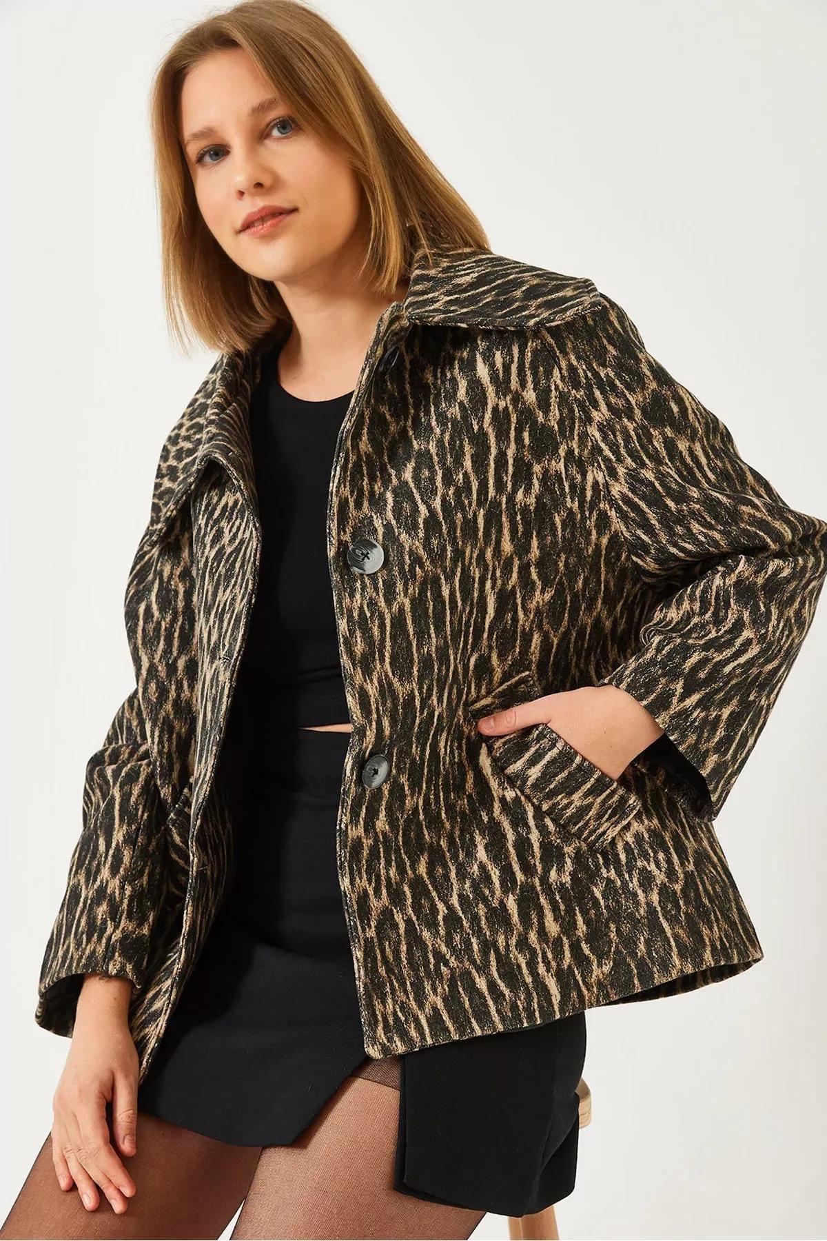 Brown Bat Sleeve Leopard Print Jacket, , large image number 0