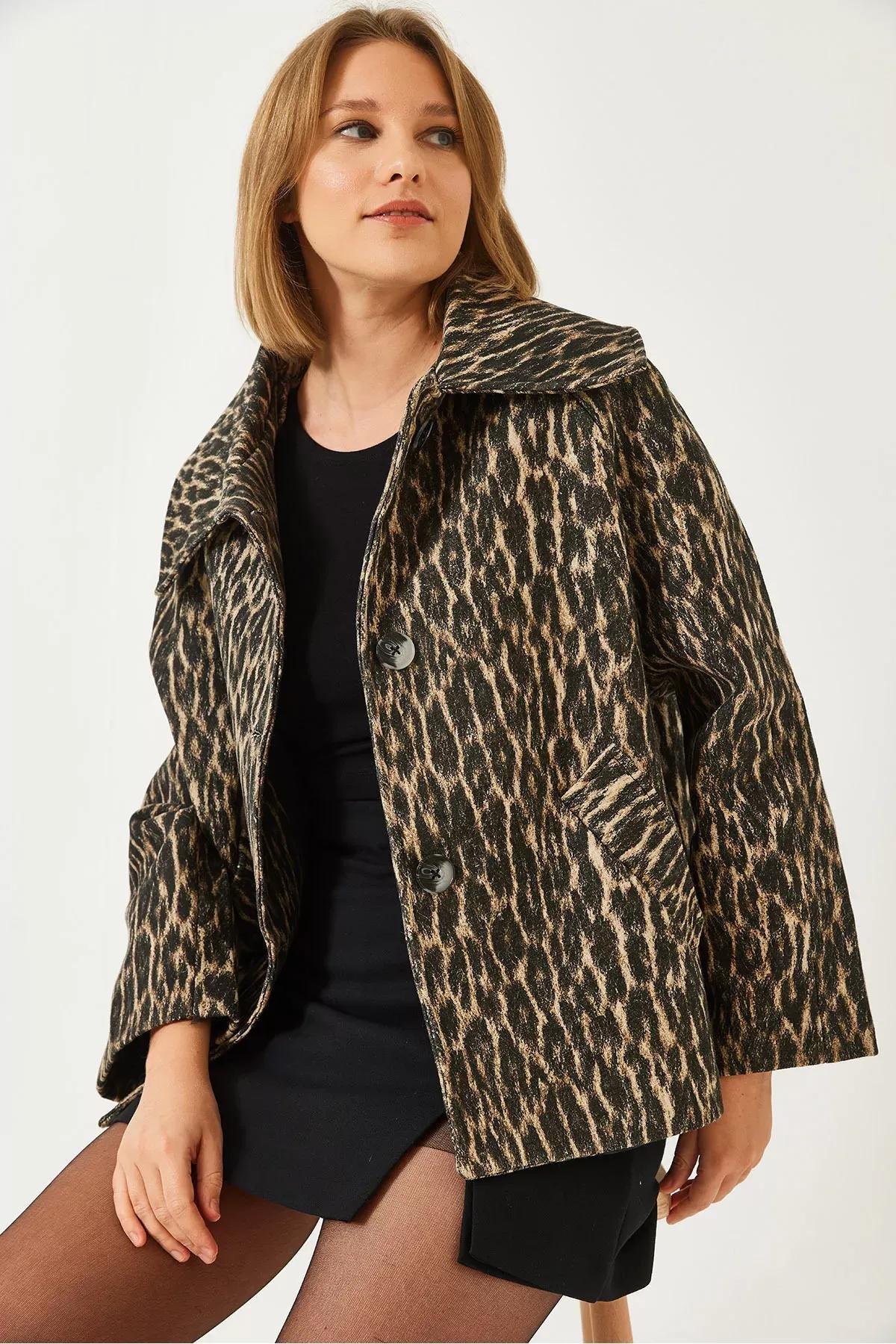 Brown Bat Sleeve Leopard Print Jacket, , large image number 1