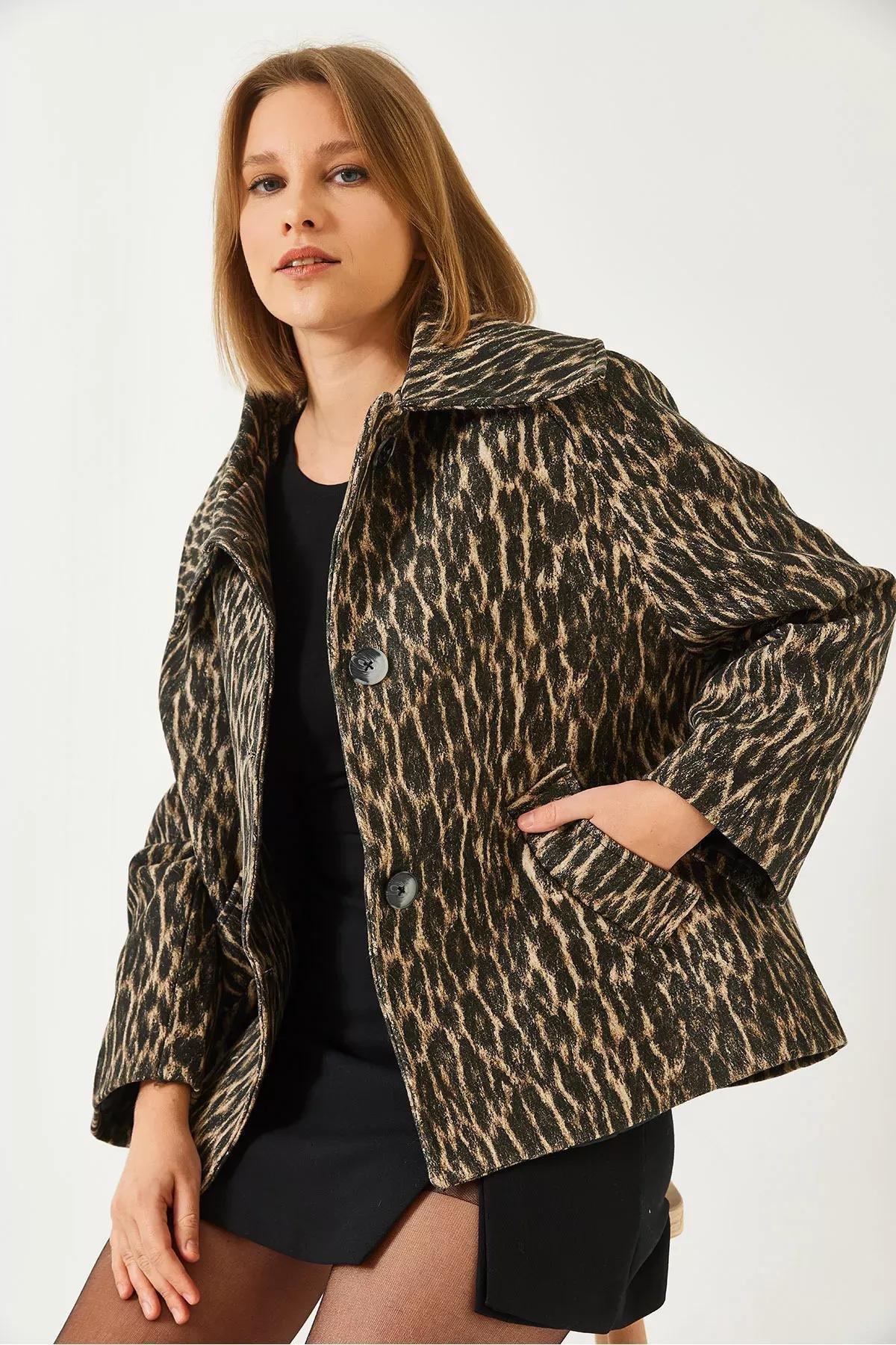 Brown Bat Sleeve Leopard Print Jacket, , large image number 2