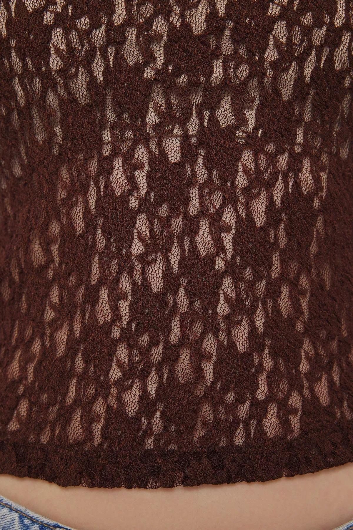 Brown Lace Fitted Pool Neck Undershirt, Brown, large image number 2