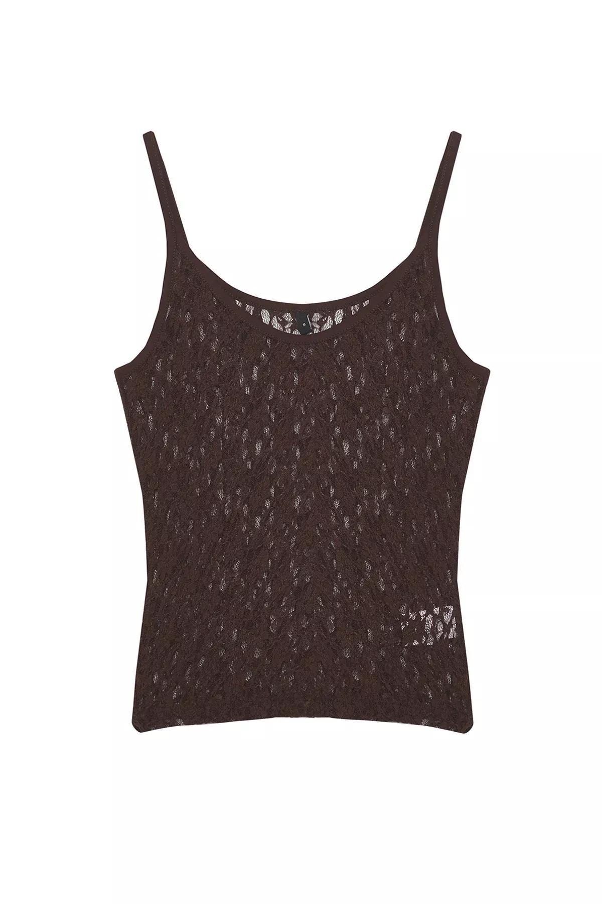 Brown Lace Fitted Pool Neck Undershirt, Brown, large image number 4