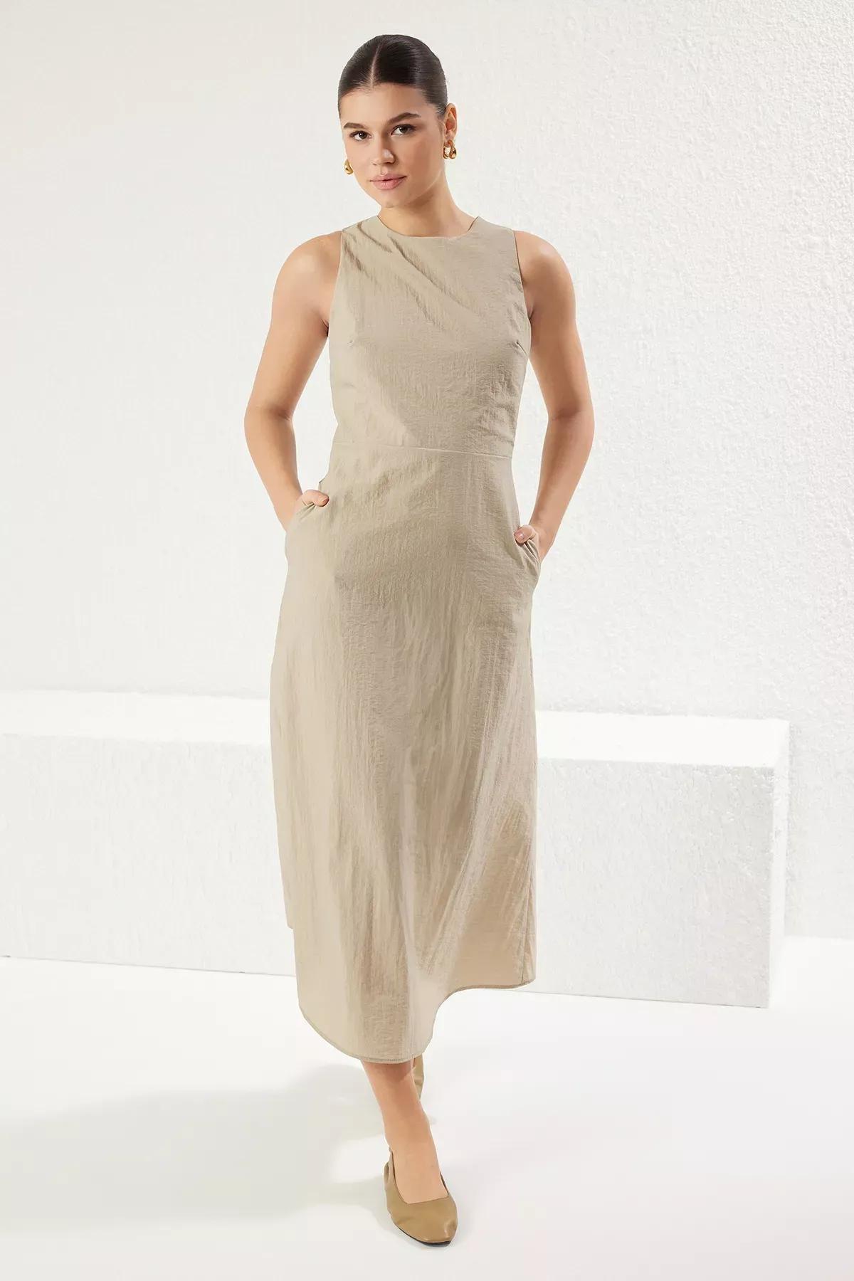 Beige A-Cut Detailed Midi Woven Dress, DARK BEIGE, large image number 1