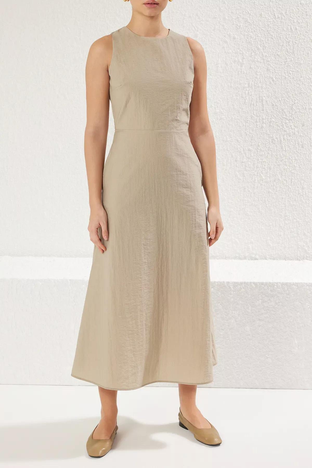 Beige A-Cut Detailed Midi Woven Dress, DARK BEIGE, large image number 2