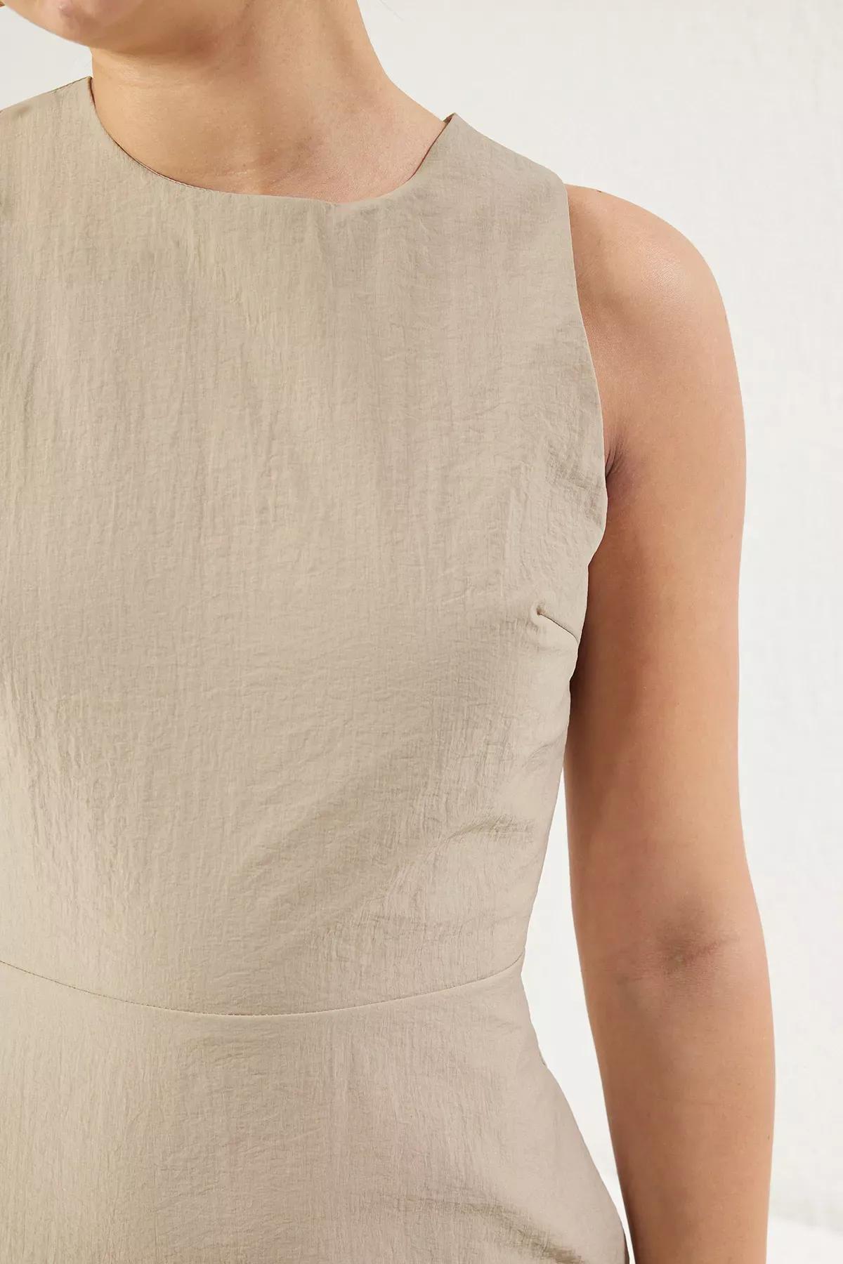 Beige A-Cut Detailed Midi Woven Dress, DARK BEIGE, large image number 3