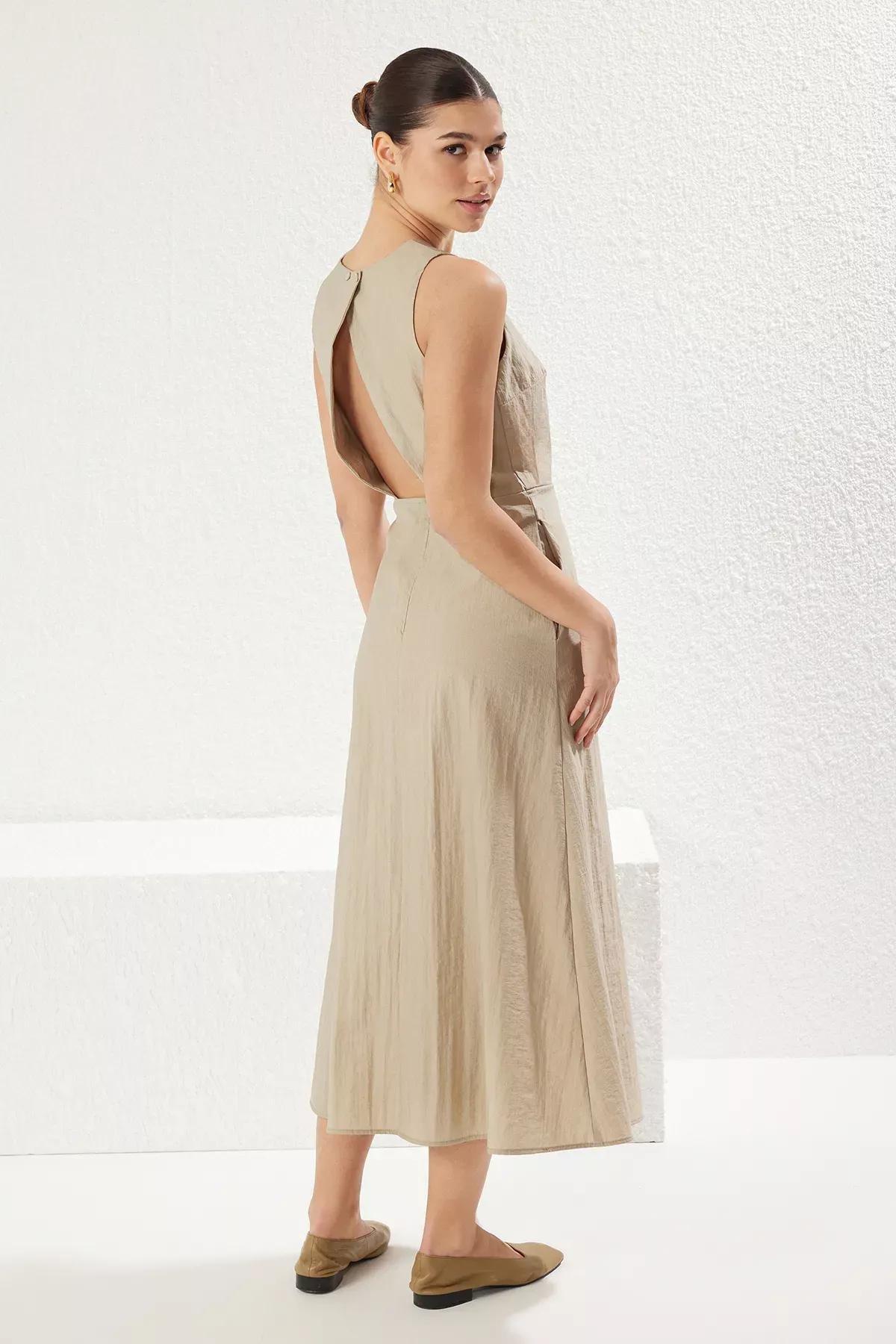 Beige A-Cut Detailed Midi Woven Dress, DARK BEIGE, large image number 4