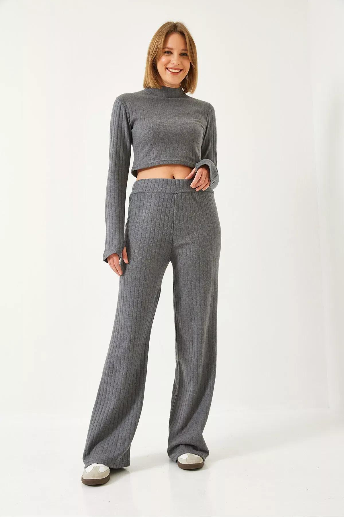 Beige Ribbed Palazzo Bottom Top Set, , large image number 3