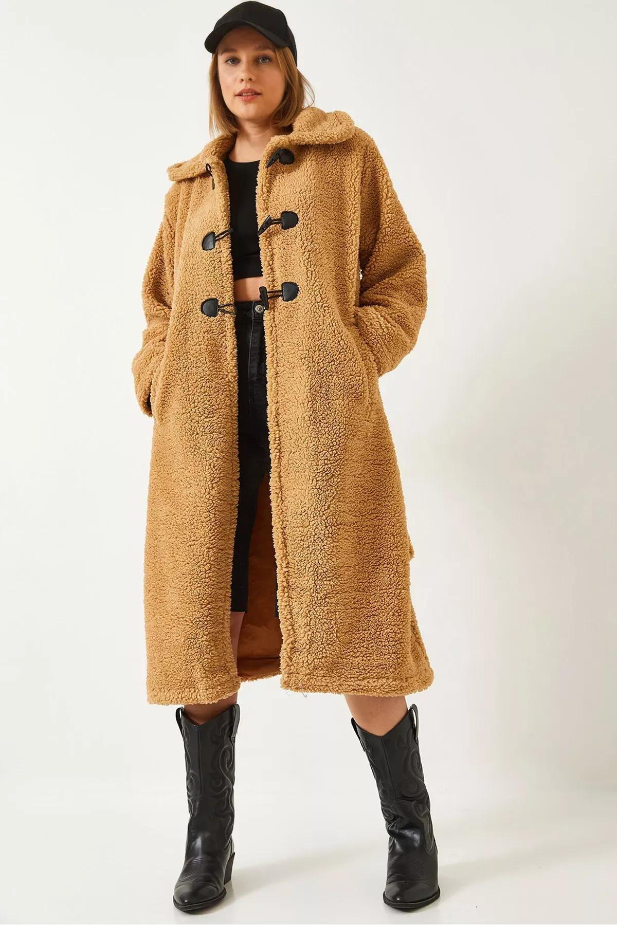 Brown Buttoned Belted Teddy Coat, , large image number 0