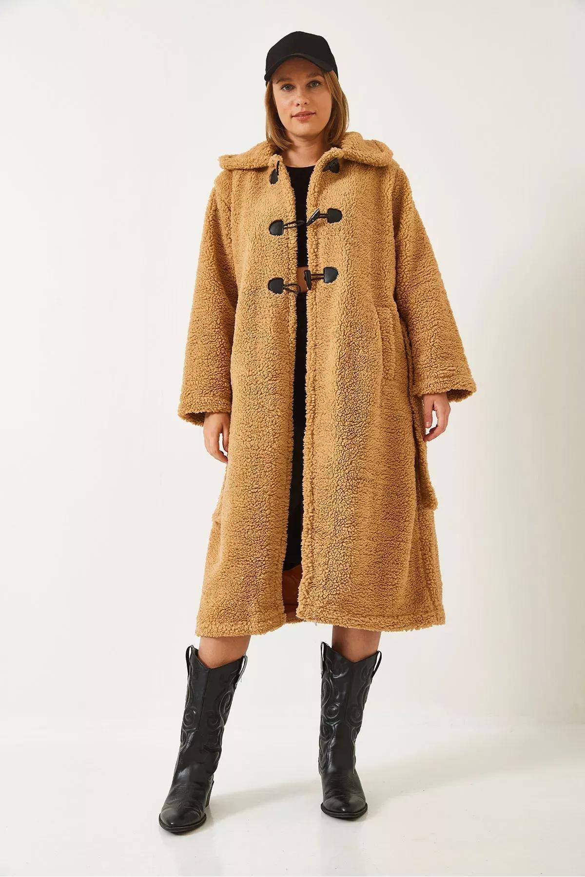 Brown Buttoned Belted Teddy Coat, , large image number 1