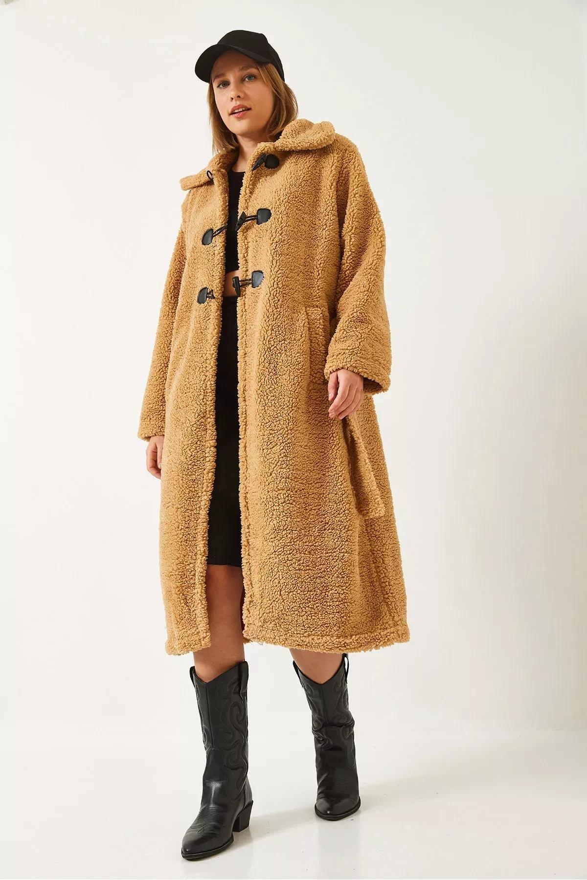 Brown Buttoned Belted Teddy Coat, , large image number 2