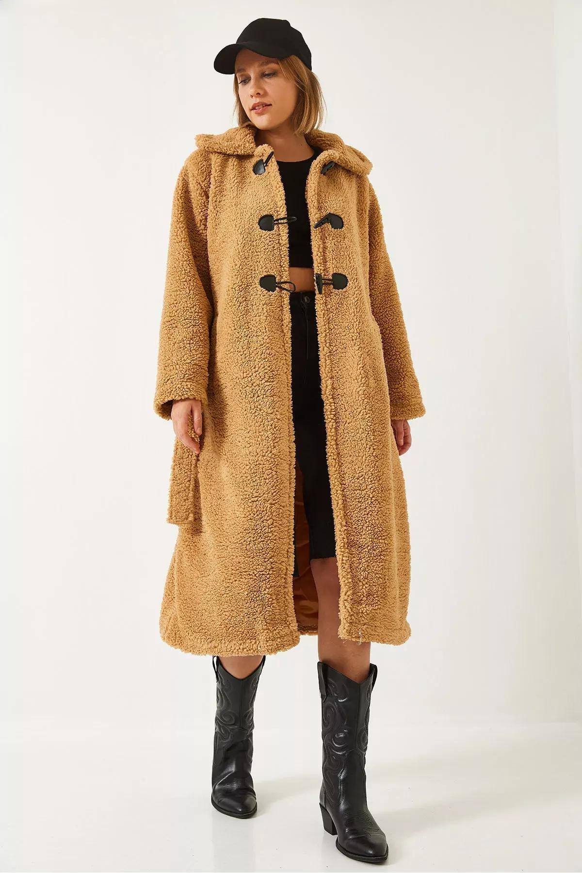 Brown Buttoned Belted Teddy Coat, , large image number 3