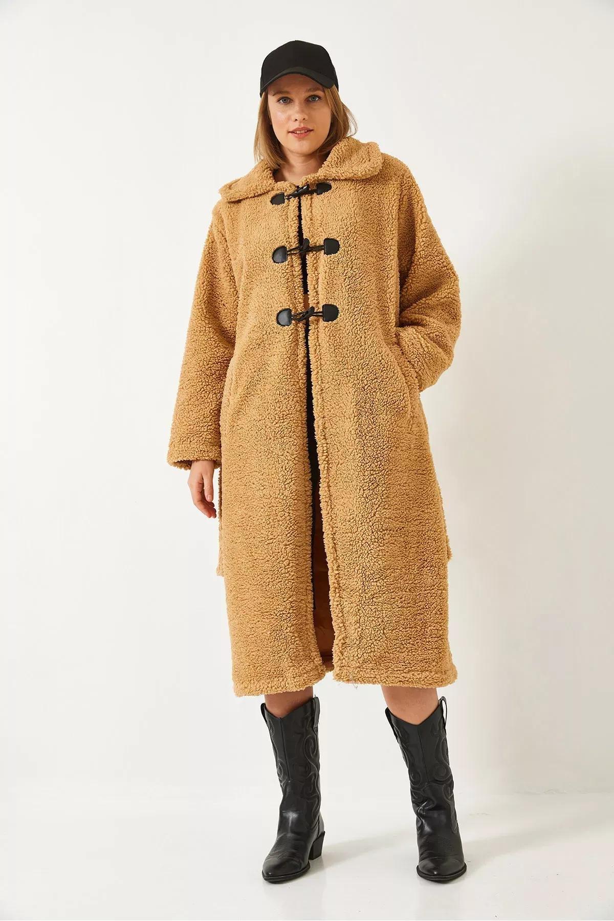 Brown Buttoned Belted Teddy Coat, , large image number 4
