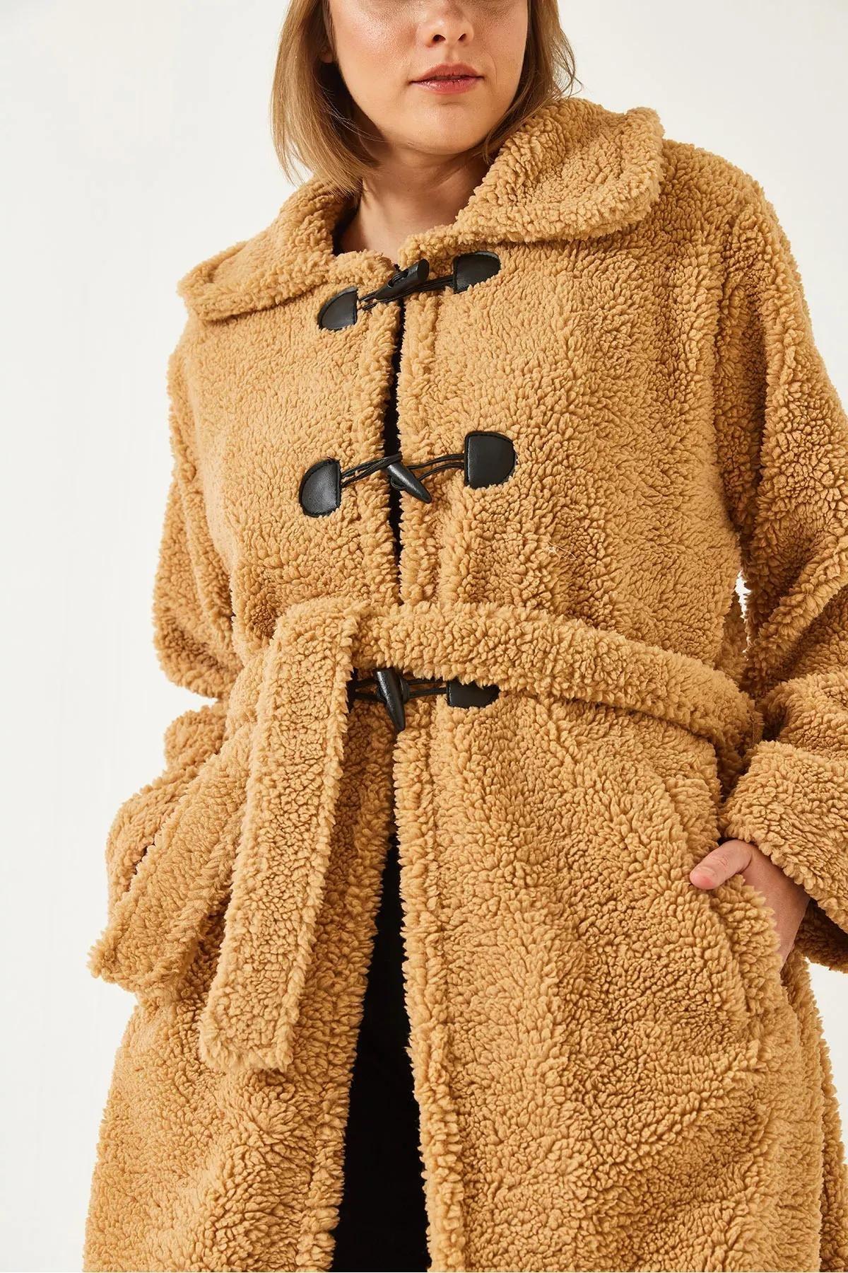 Brown Buttoned Belted Teddy Coat, , large image number 5