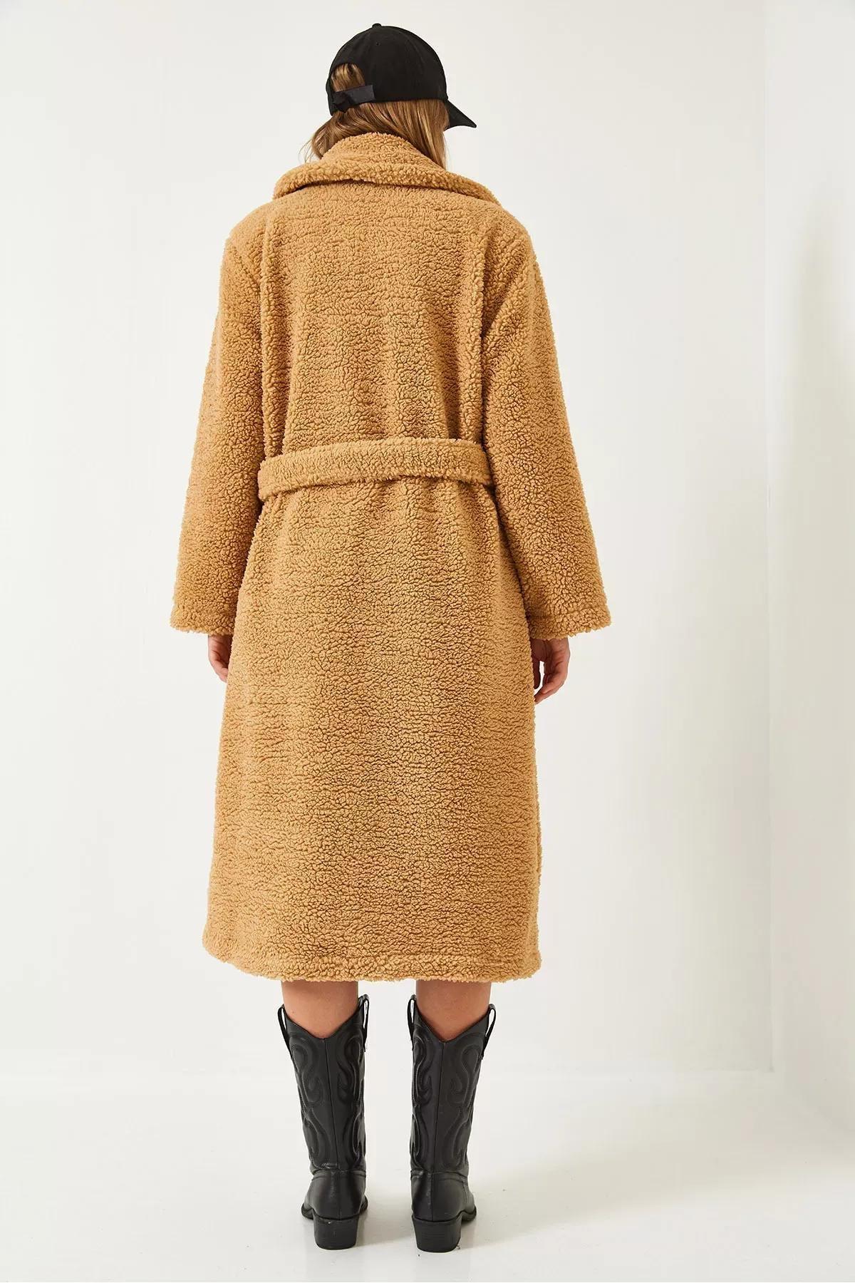 Brown Buttoned Belted Teddy Coat, , large image number 6