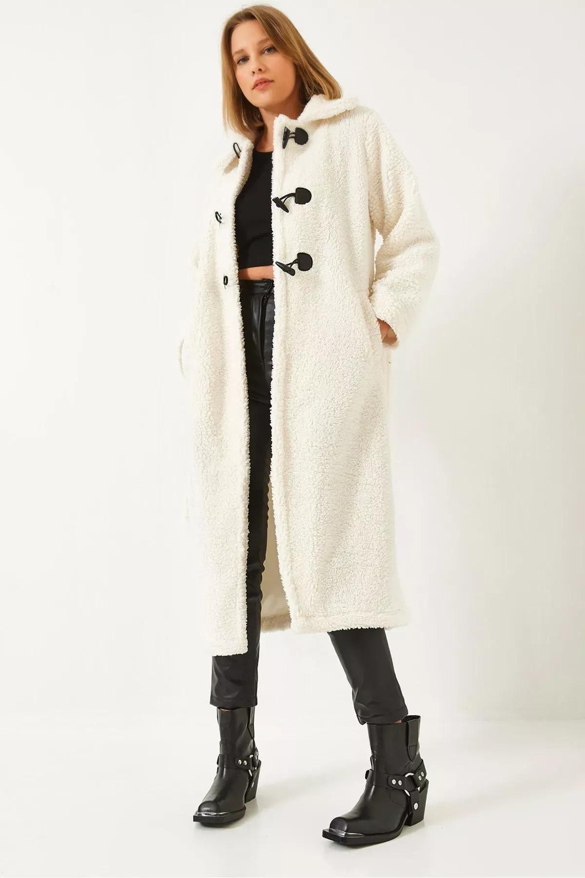 White Buttoned Lined Belted Coat, , large image number 0