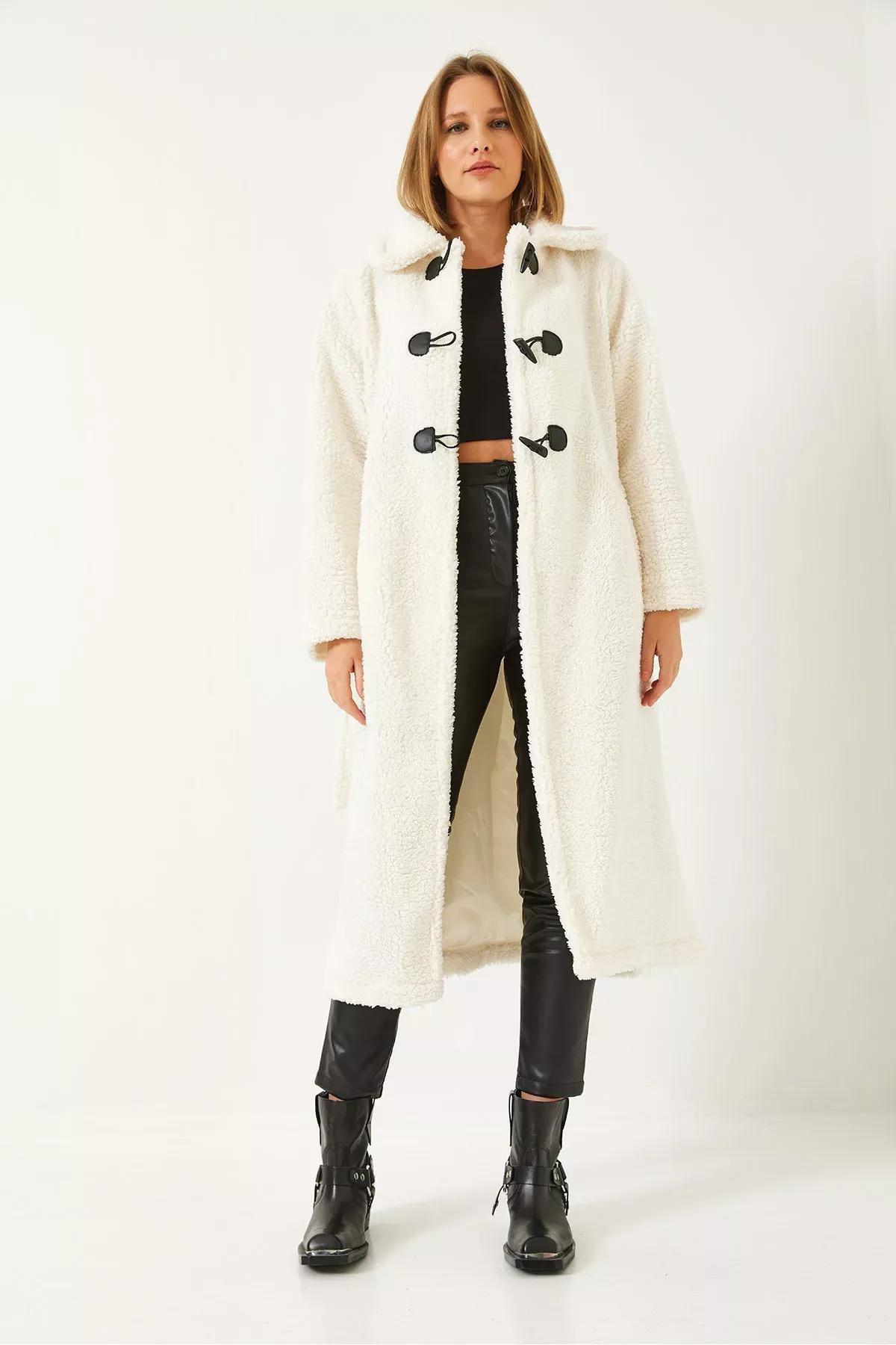 White Buttoned Lined Belted Coat, , large image number 1