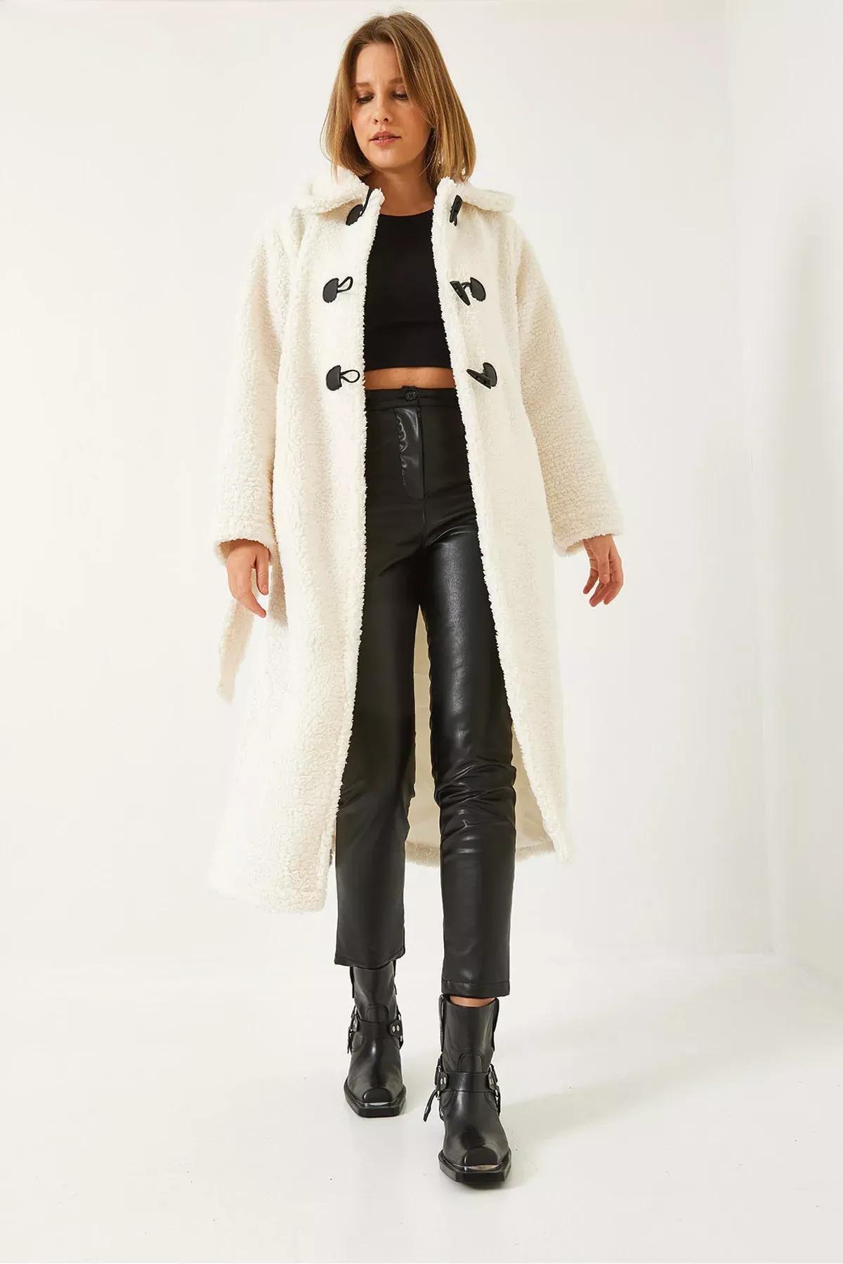 White Buttoned Lined Belted Coat, , large image number 2