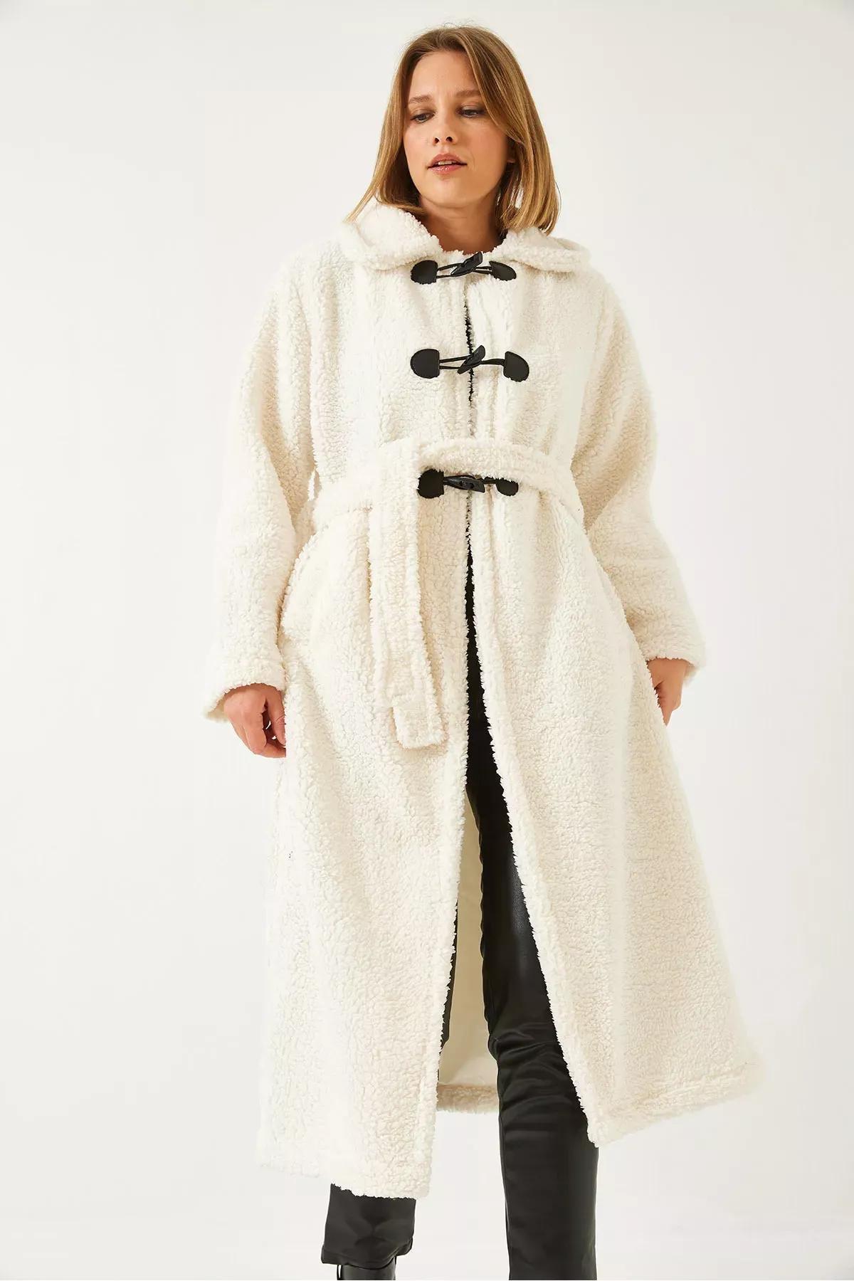 White Buttoned Lined Belted Coat, , large image number 3