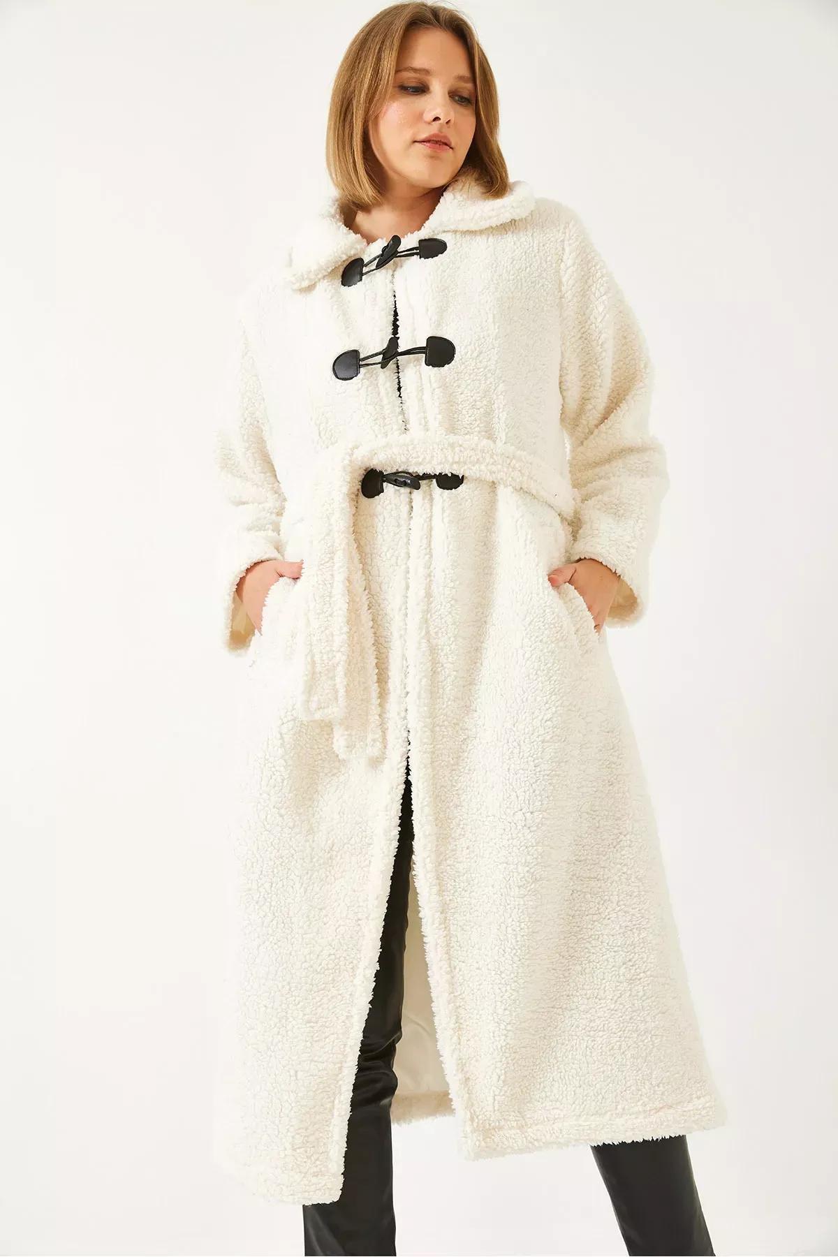 White Buttoned Lined Belted Coat, , large image number 4