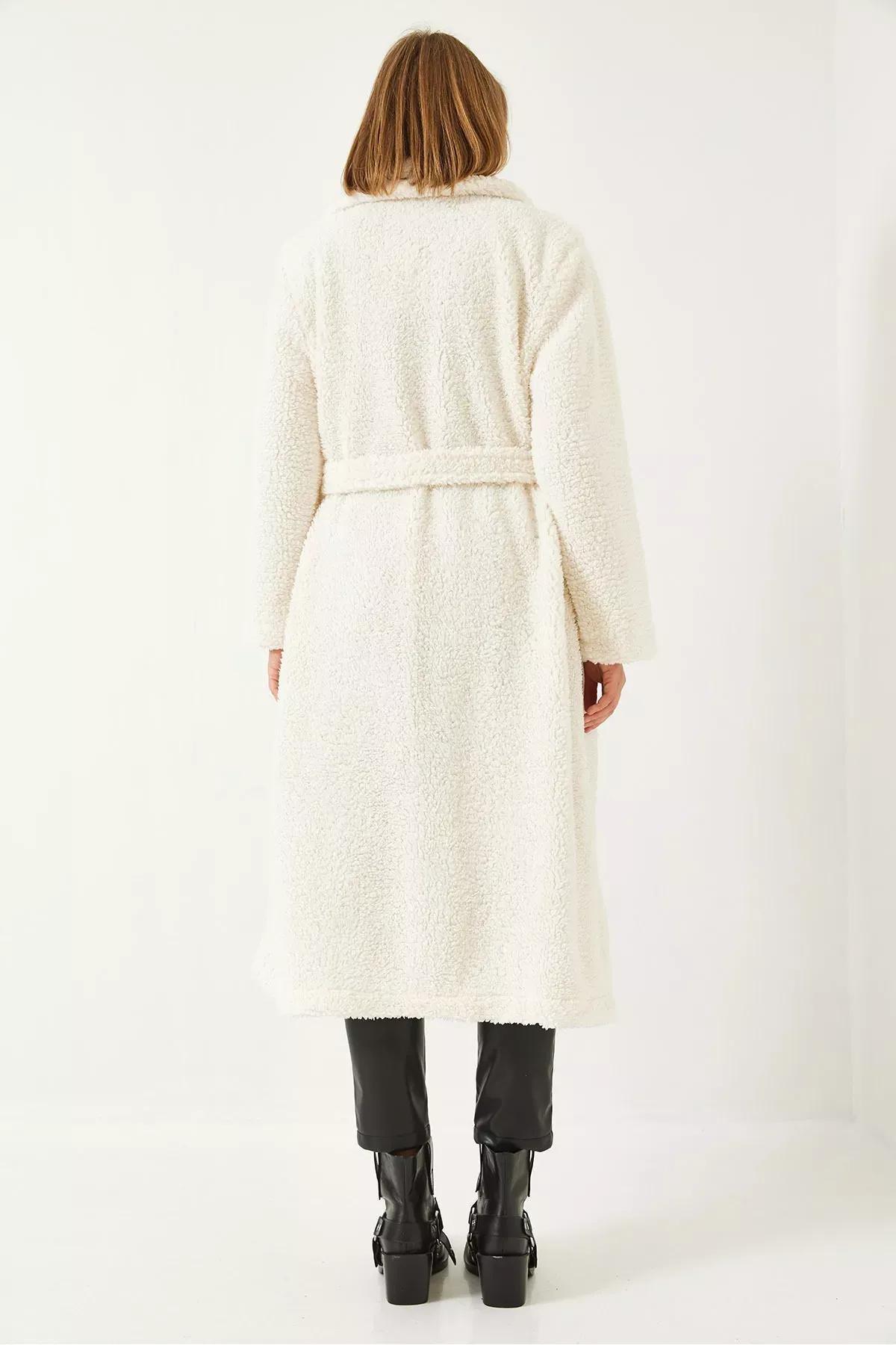 White Buttoned Lined Belted Coat, , large image number 5