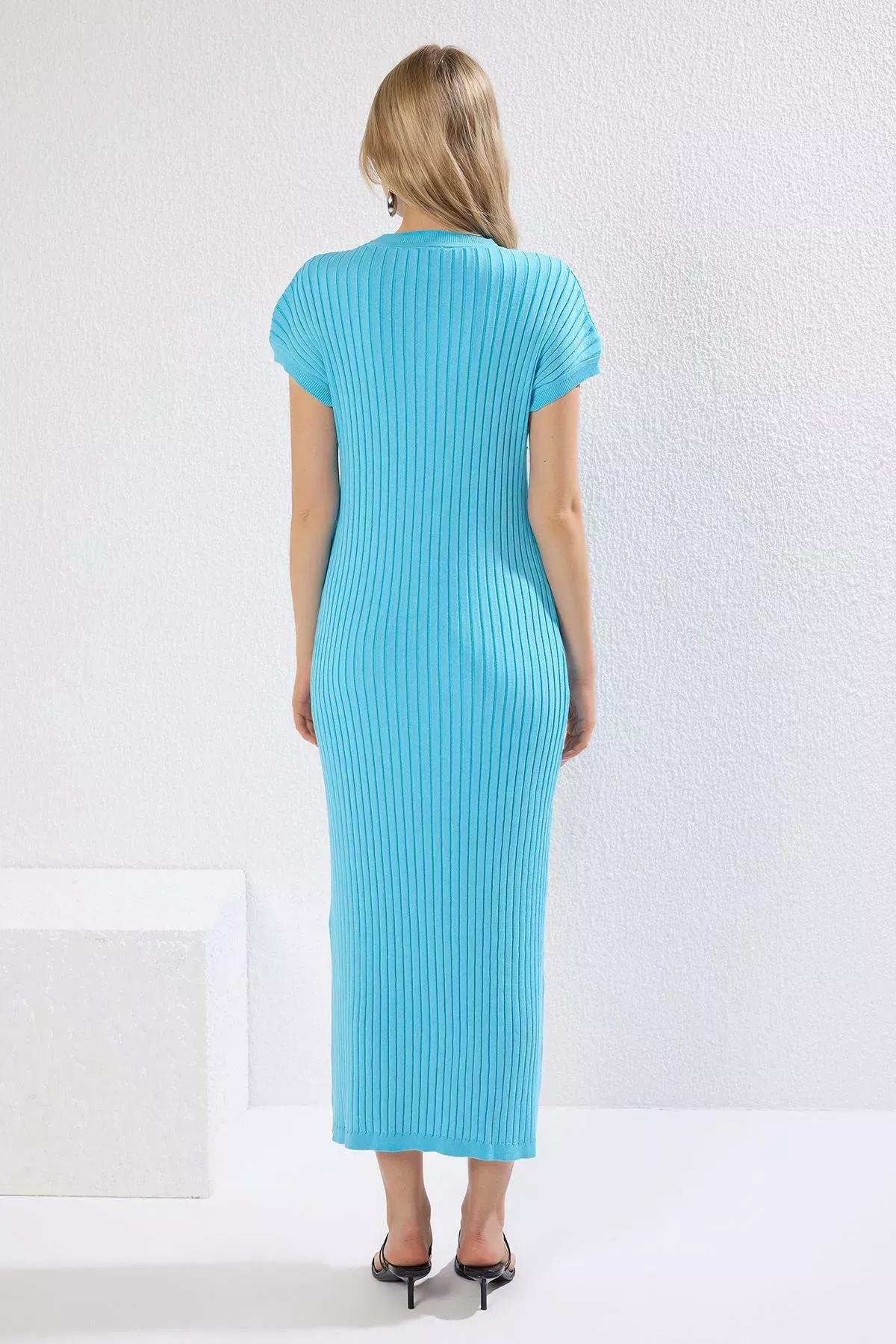 Blue Plain Maxi Ribbed A-Line Knit Dress, Blue, large image number 3