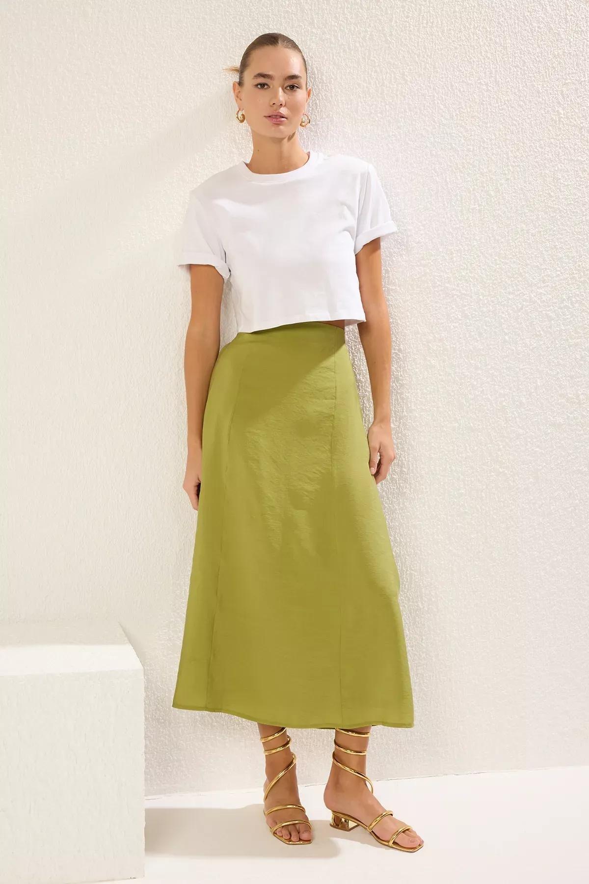 Green A-Line Maxi Skirt, Khaki, large image number 0