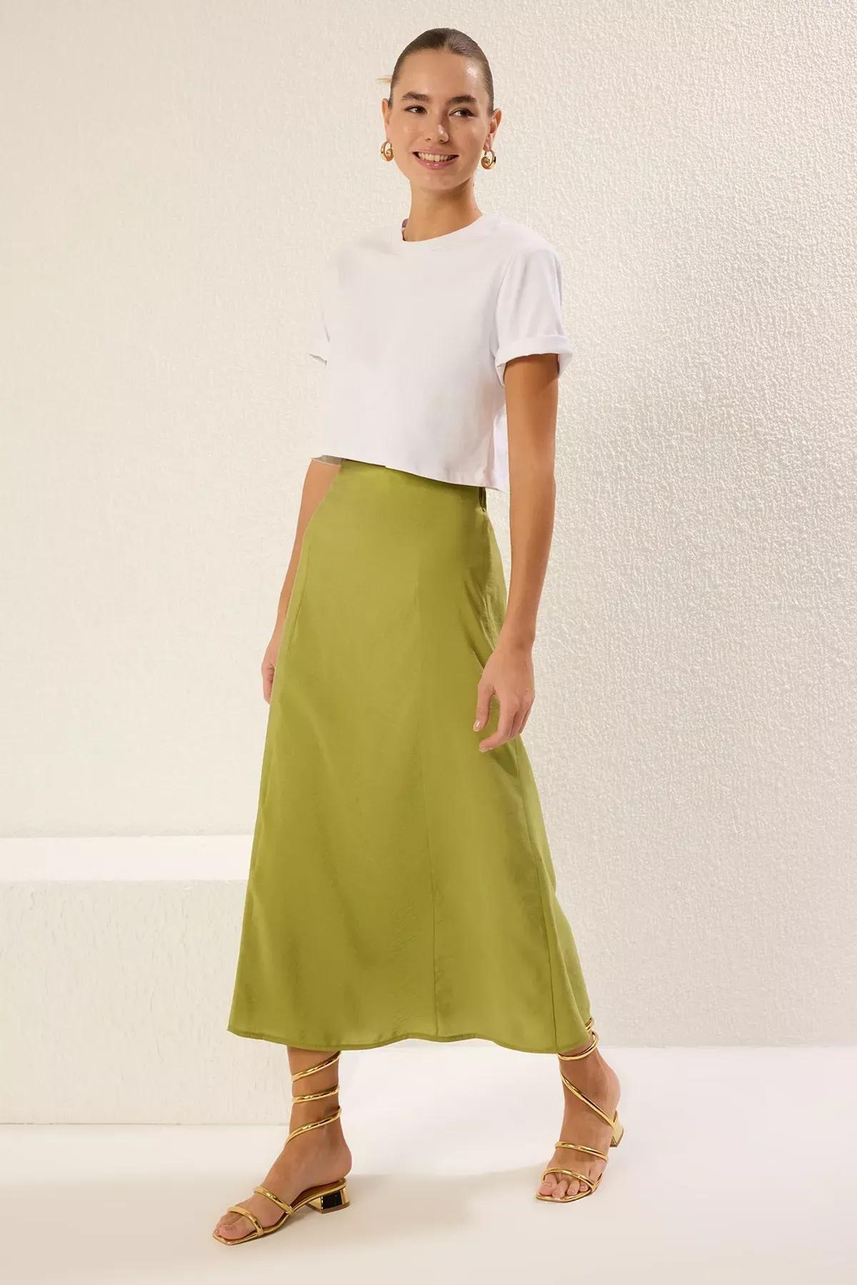Green A-Line Maxi Skirt, Khaki, large image number 1