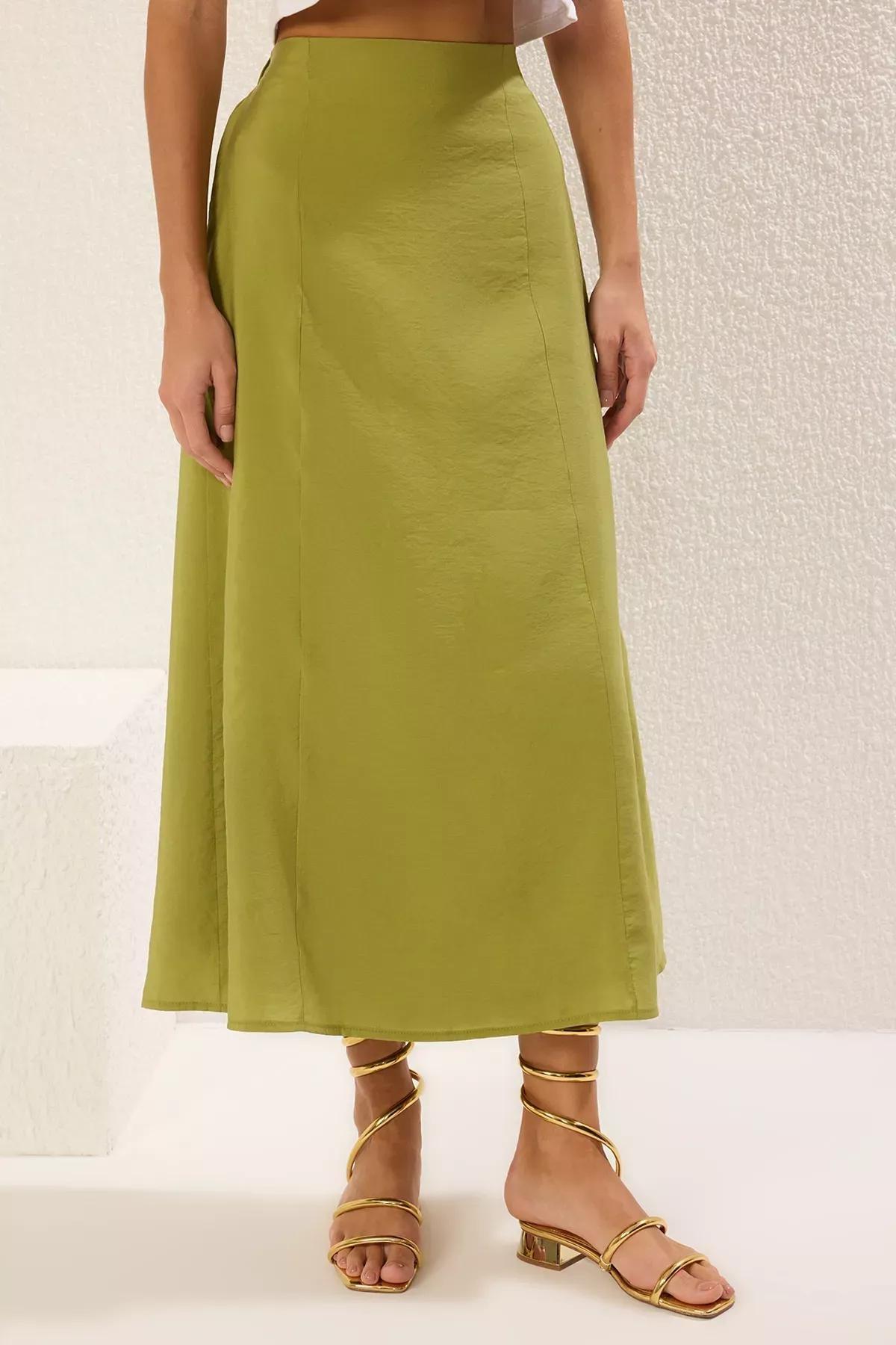 Green A-Line Maxi Skirt, Khaki, large image number 2