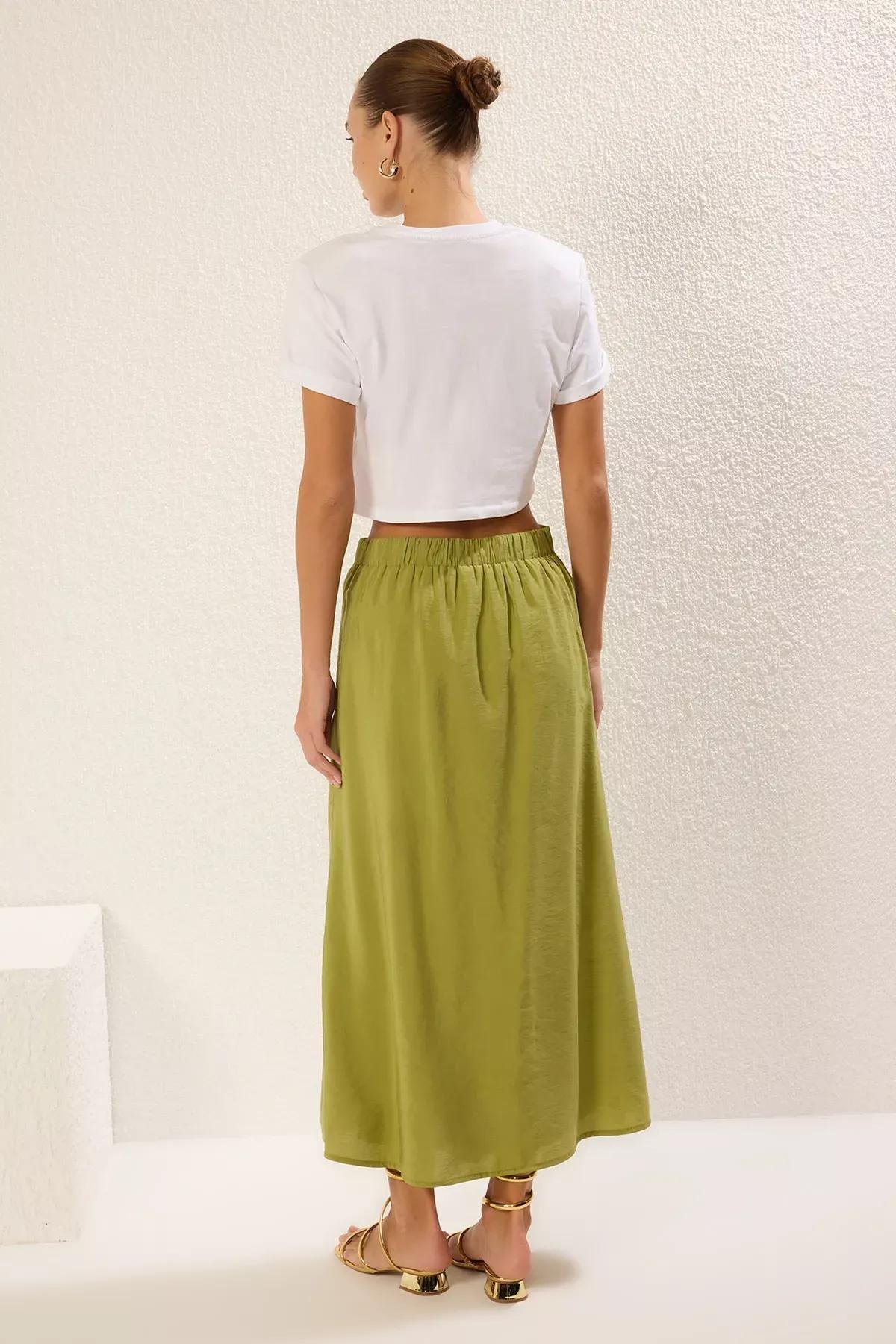 Green A-Line Maxi Skirt, Khaki, large image number 4