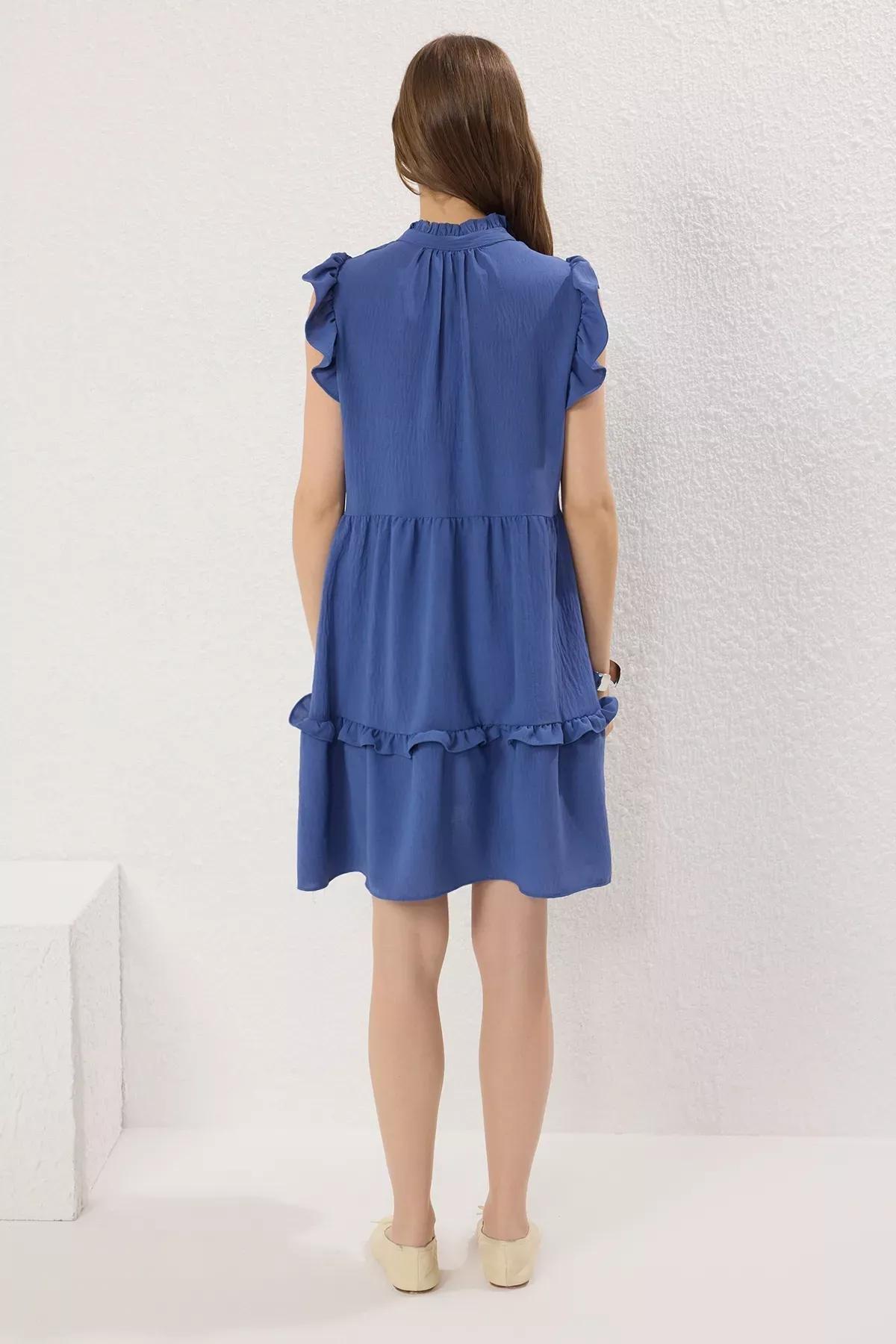 Blue Ruffle Mini Dress, Indigo, large image number 3