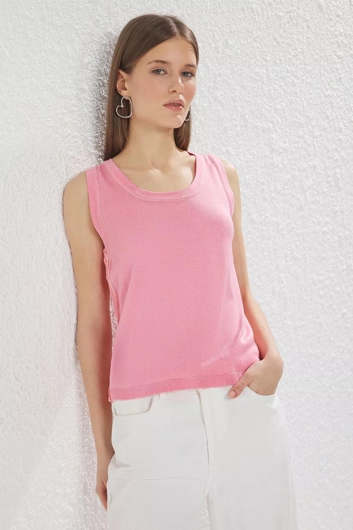 Pink Pool Neck Basic Thin Blouse, Pink, large image number 1