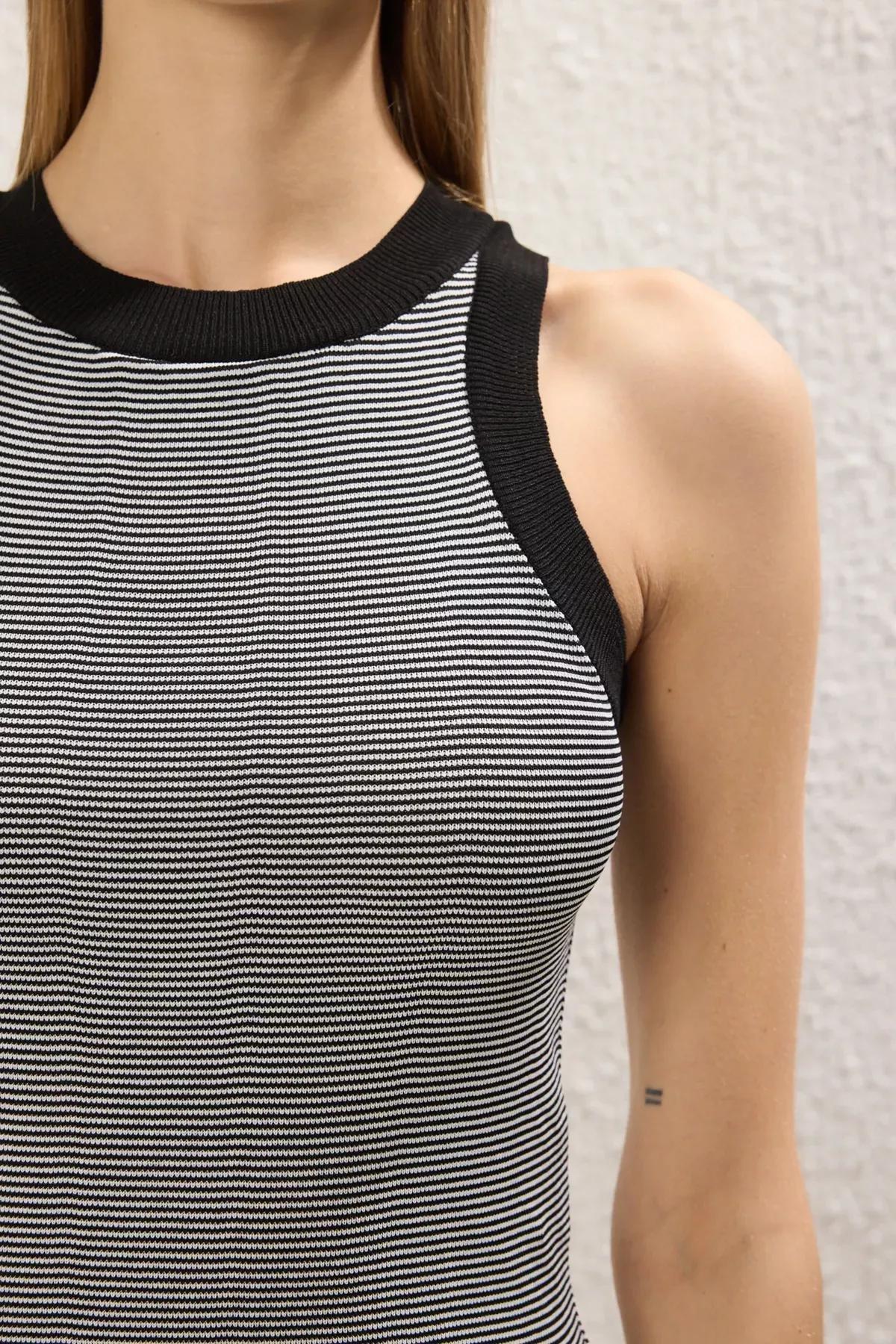 Black Crop Striped Knit Blouse, , large image number 2