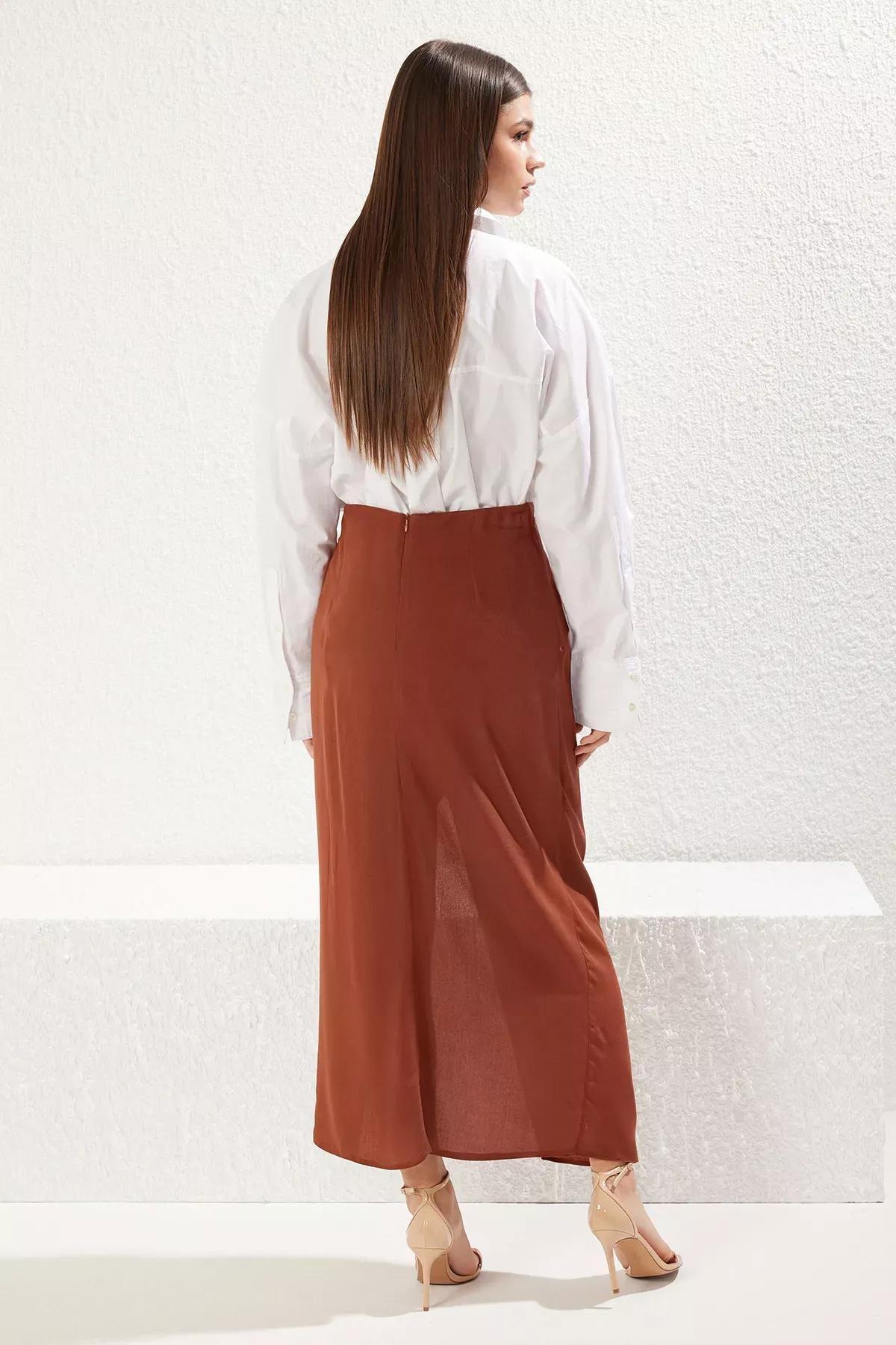 Brown Flowy Slit Maxi Skirt, , large image number 4