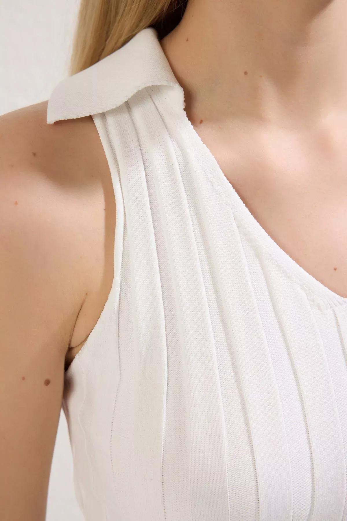 White Crop Polo Neck Ribbed Blouse, Bone, large image number 2