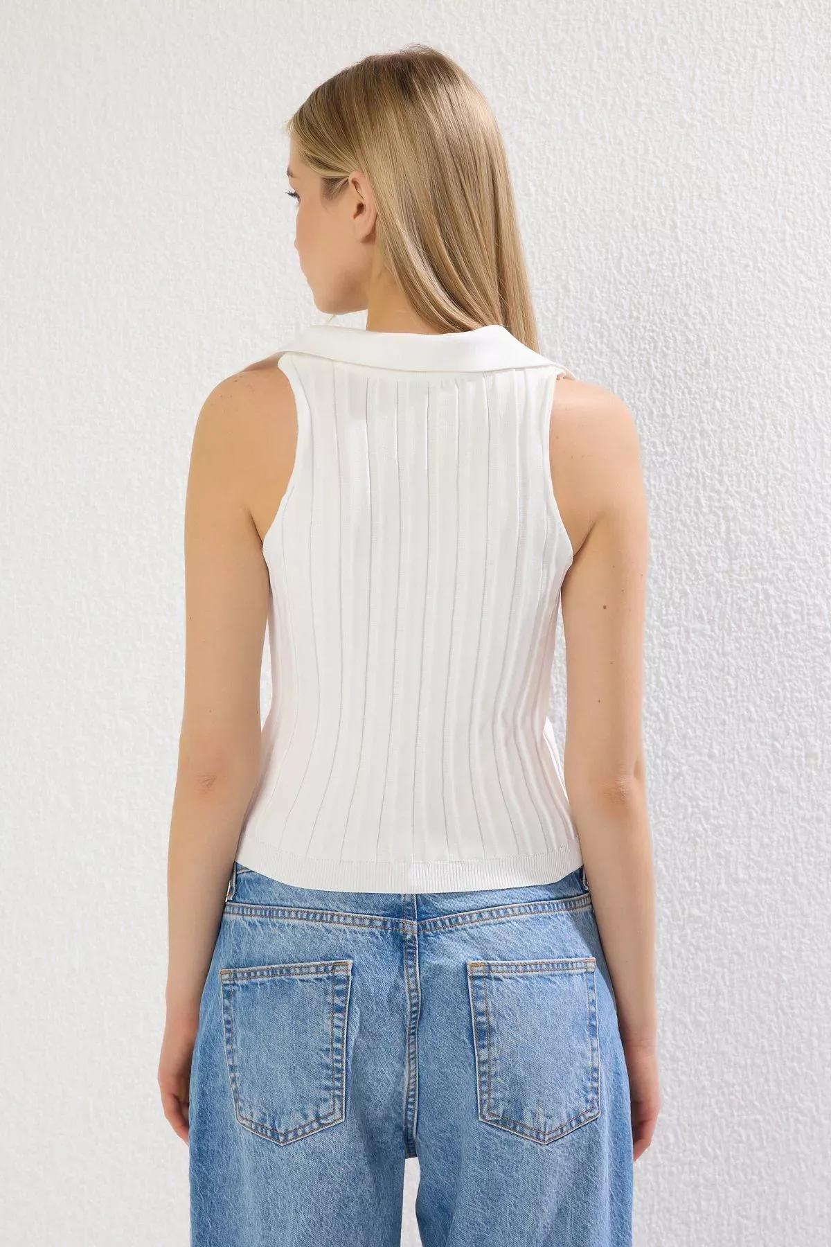 White Crop Polo Neck Ribbed Blouse, Bone, large image number 3
