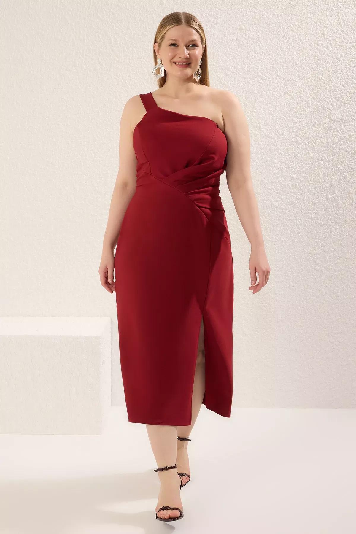 Red Single Sleeve Woven Plus-Size Occasionewear Dress, , large image number 0