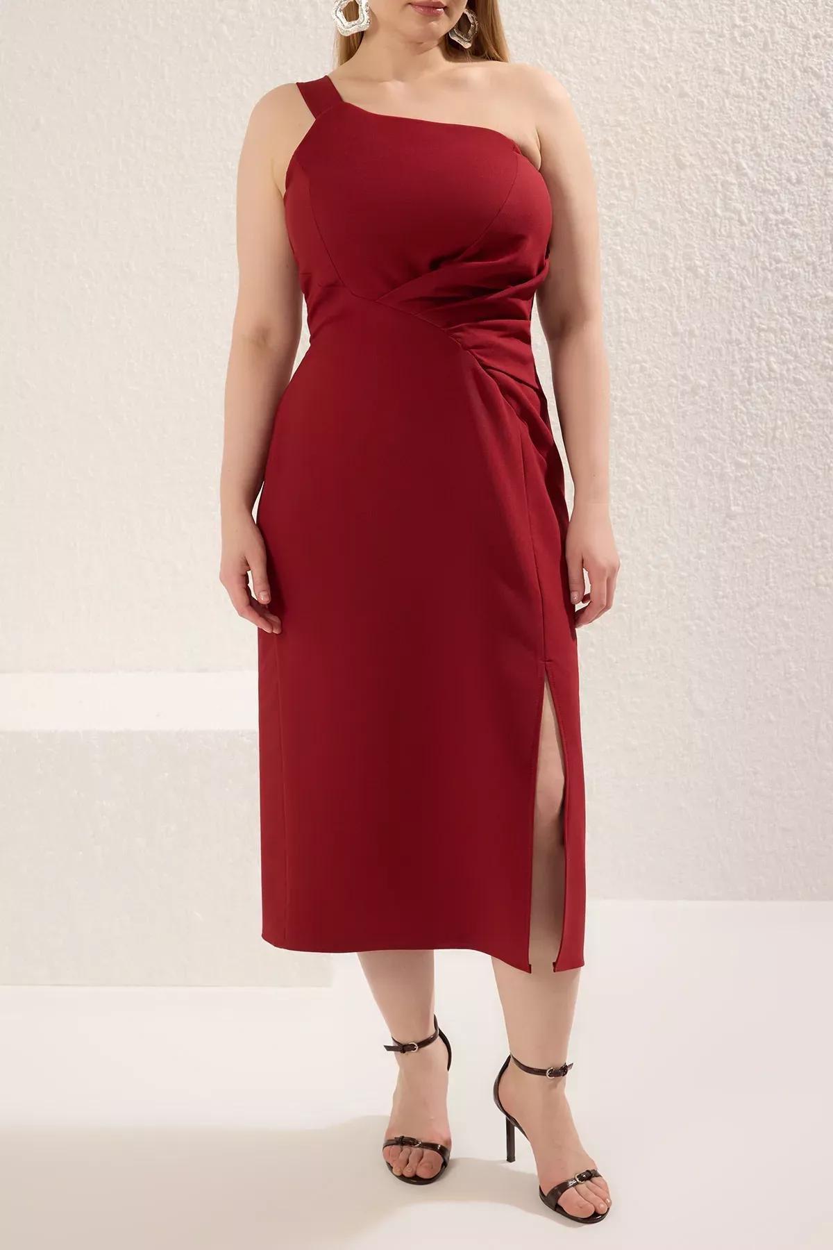 Red Single Sleeve Woven Plus-Size Occasionewear Dress, , large image number 3