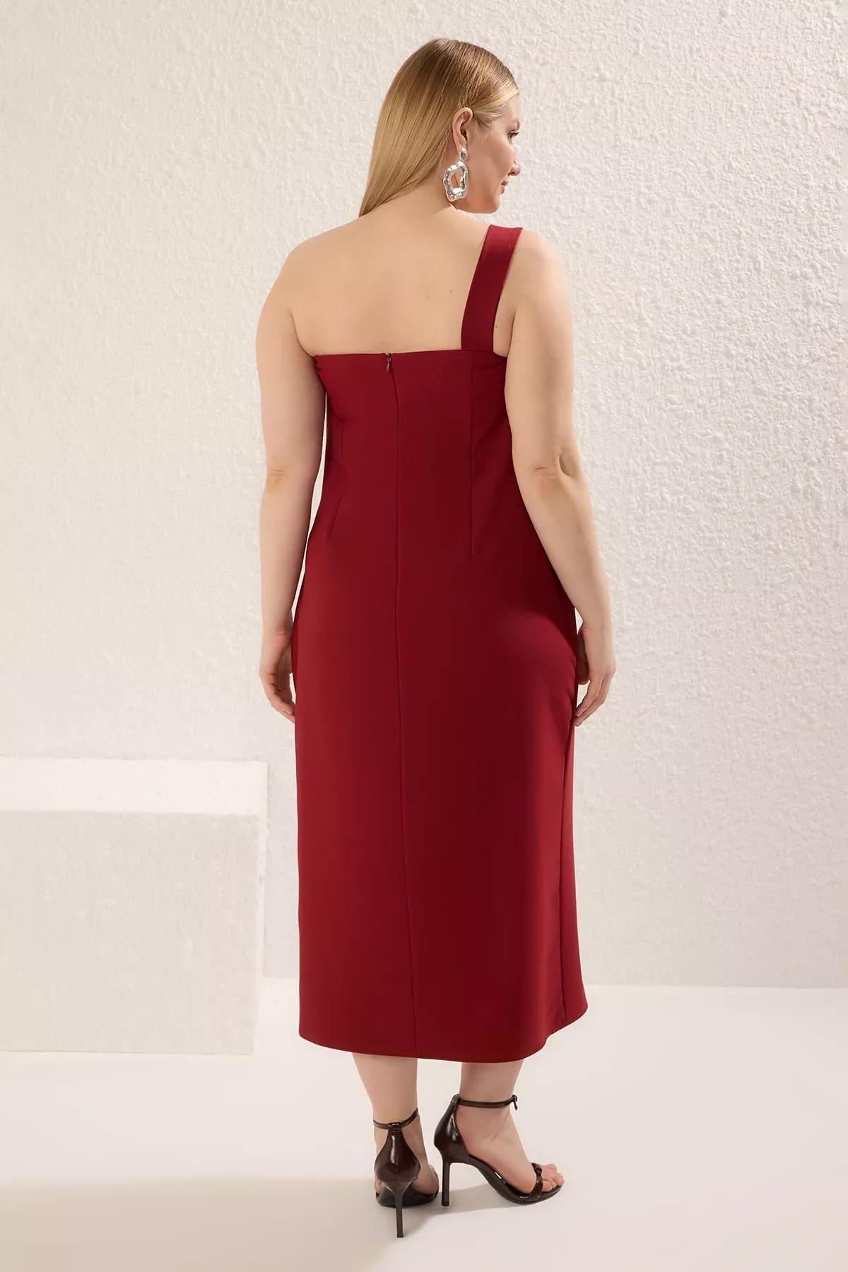 Red Single Sleeve Woven Plus-Size Occasionewear Dress, , large image number 4